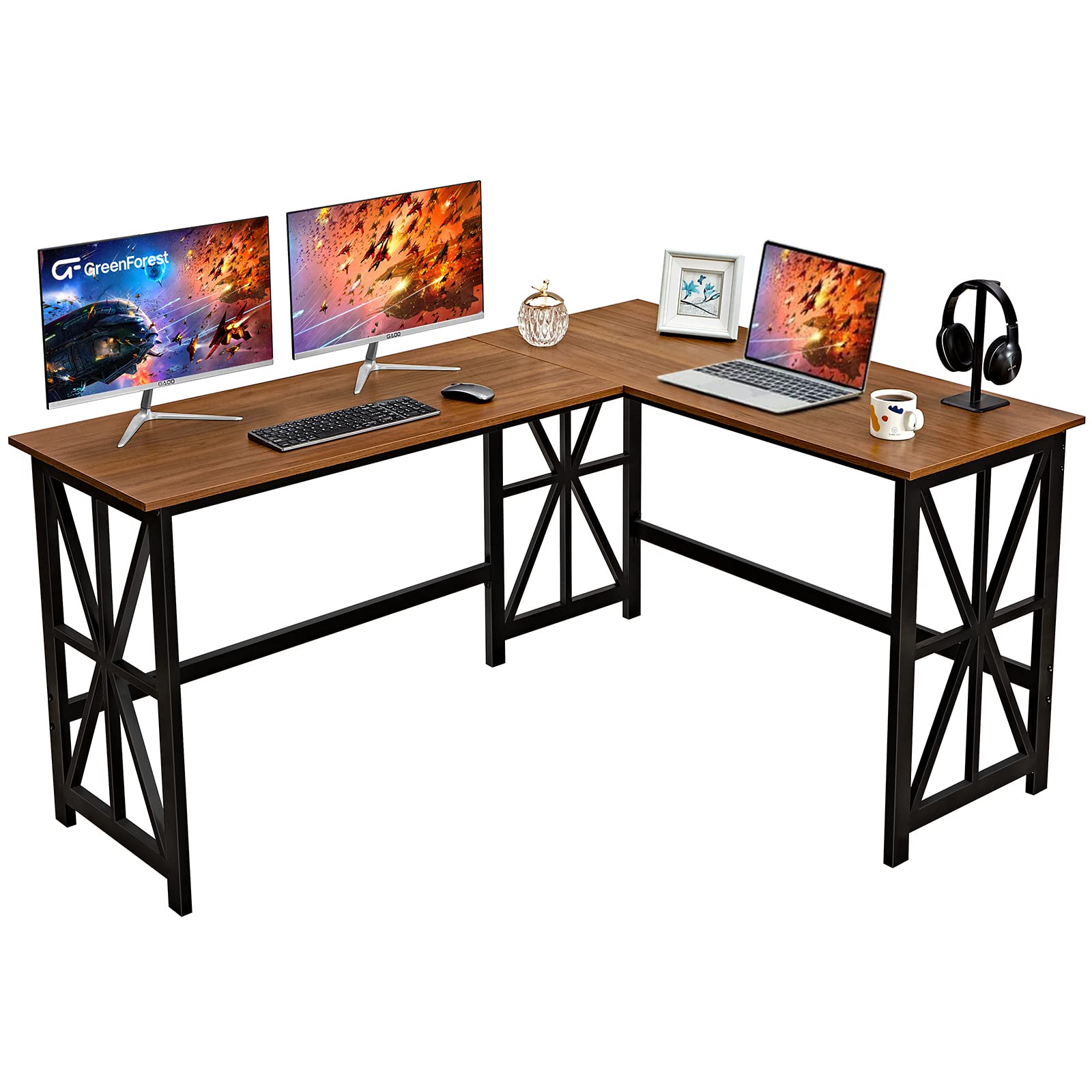 Assembled GreenForest L Shaped Corner Desk in a home office setting with a computer and office chair.