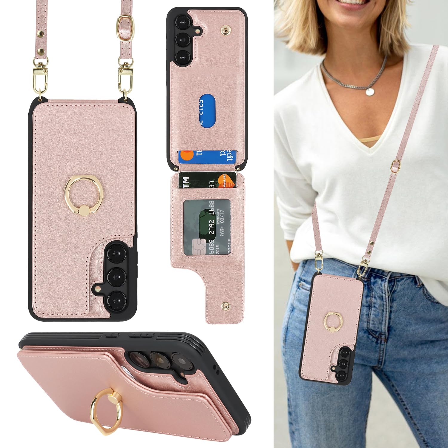 Lipvina for Samsung Galaxy S24 Case with Card Holder and Strap for Women,Crossbody Lanyard,Ring Stand,Snap Clasp,Phone Wallet Cases 6.2 inch(Rose Gold
