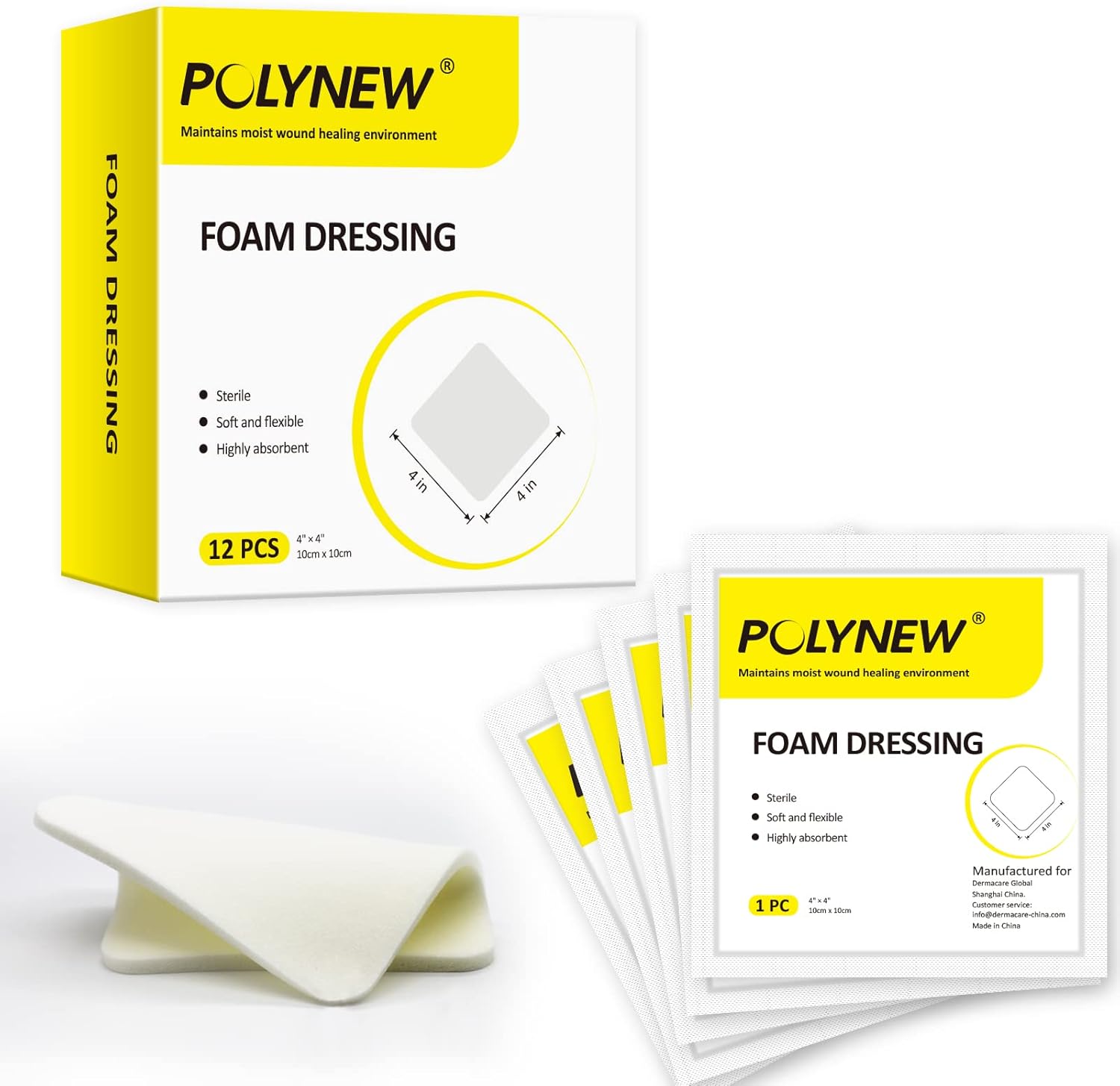 Buy Polynew Foam Dressings 12 Pack, 4 x 4, Hydrophilic, Highly