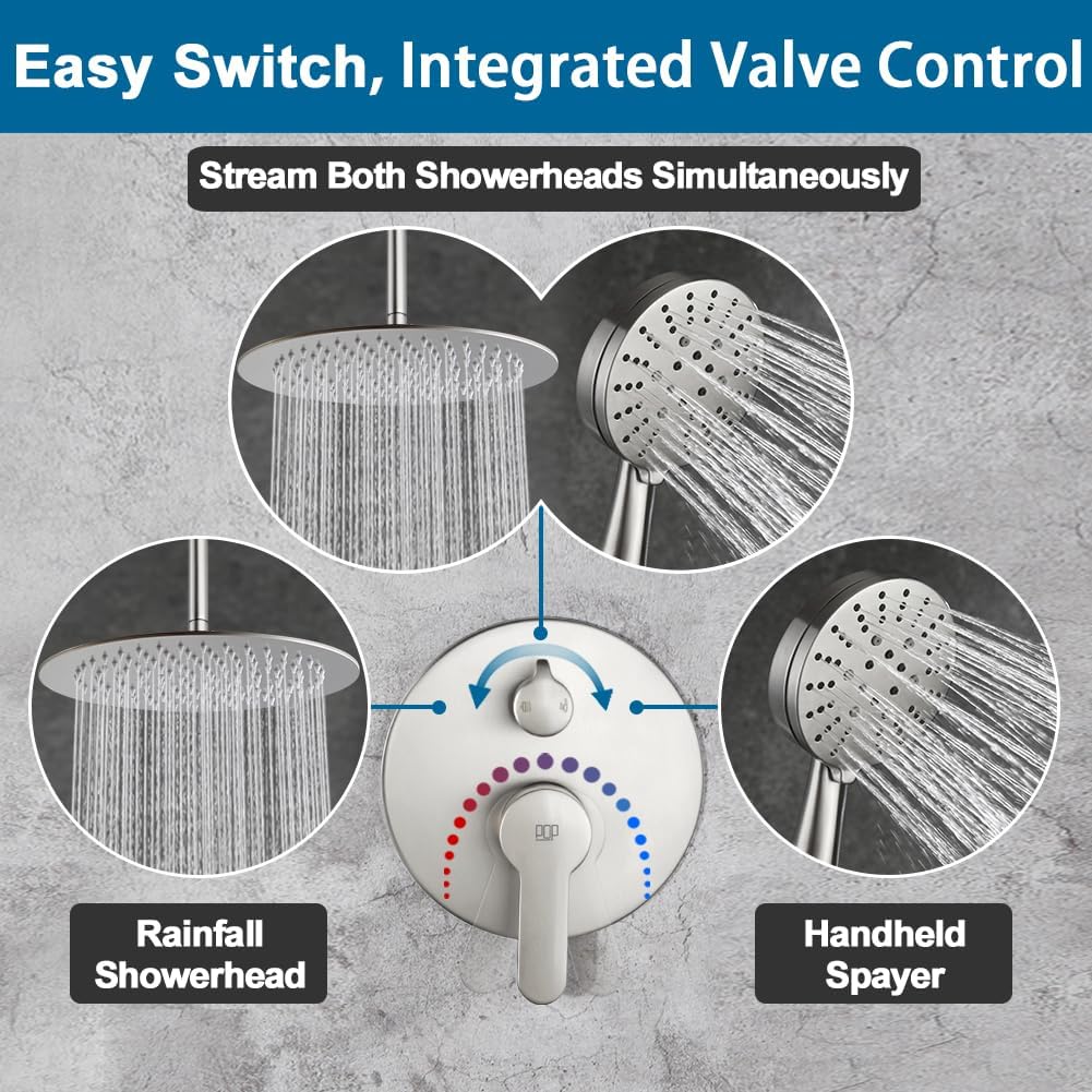 12 Inch Ceiling Mount Shower Faucet Set Brushed Nickel Round Ceiling Shower Head and Handle Set Bathroom Shower System Include Shower Valve and Trim Kit