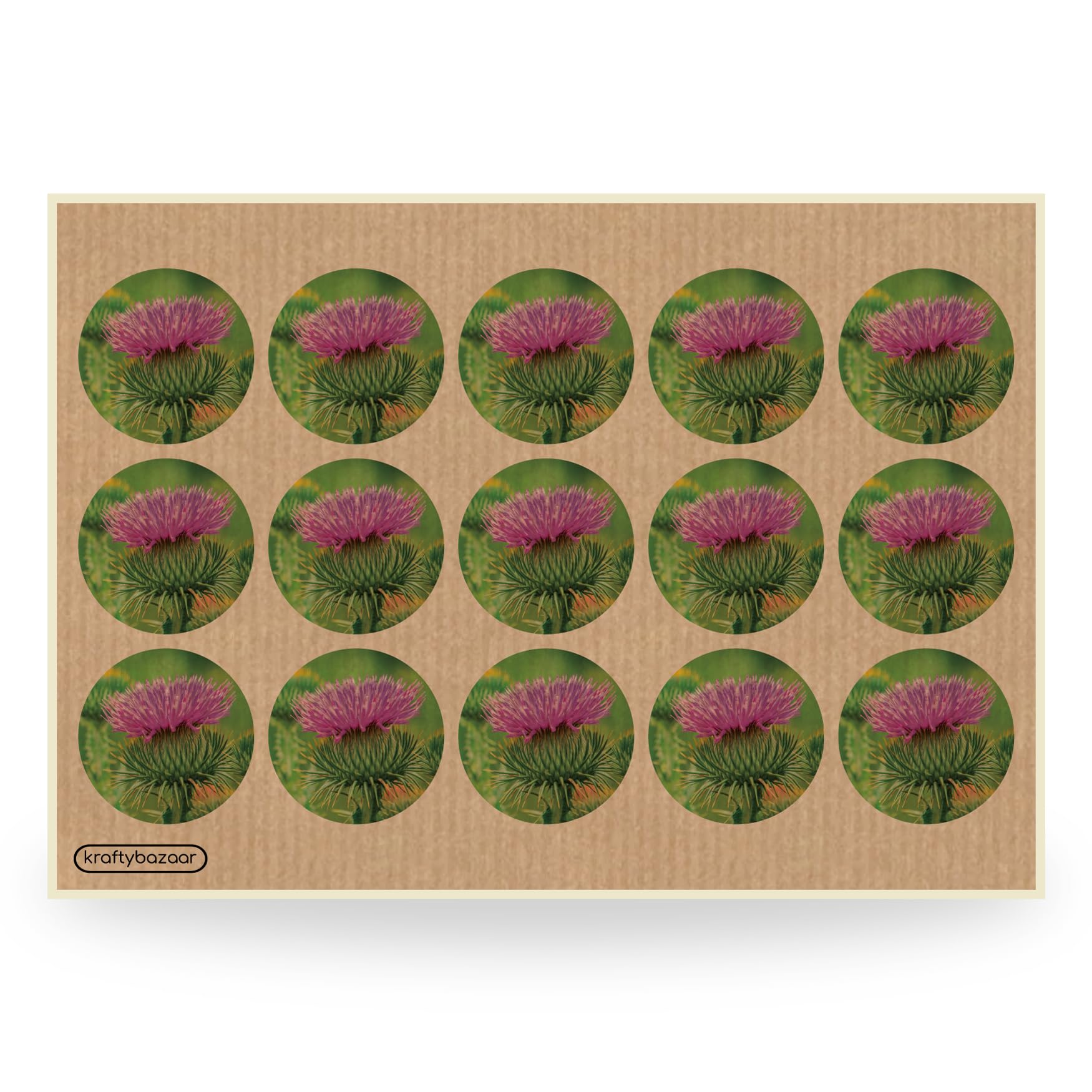 Scotish Thistle Flower Decor Paper Labels, 37mm Self-Adhesive Stickers, Multipack Stationery Craft Decorative Labels (Brown Kraft Paper Labels, Pack of 450)