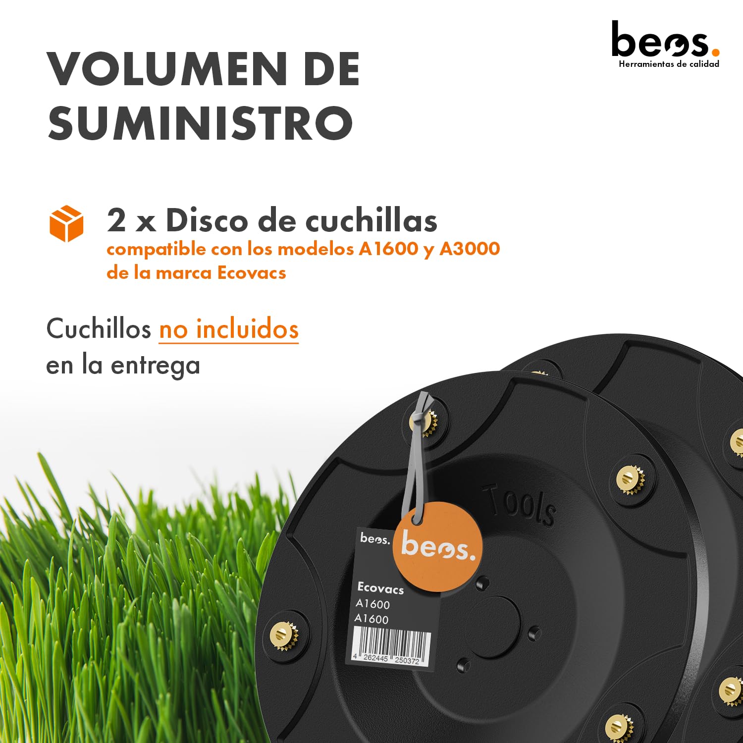 BEOS Ajuste del robot cortacésped Premium: 2 discos con cuchillas para 6 cuchillas. Para Ecovacs GOAT A1600 y A3000. Discos con cuchillas reforzados con fibra de vidrio. Ø 140 mm.