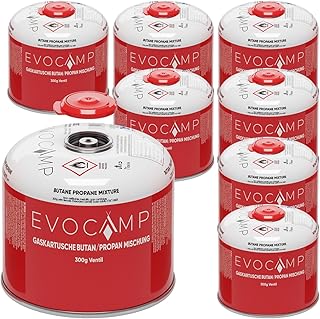 EVOCAMP 8X Wkłady gazowe butanowe 300g, Kartuszy gazowe gwint Euro zawór 7/16, Kartusz butan gaz z zaworem 539ml z bezpieczną blokadą bezpieczeństwa, Automatyczna migawka, Naboje gazowe kartusze