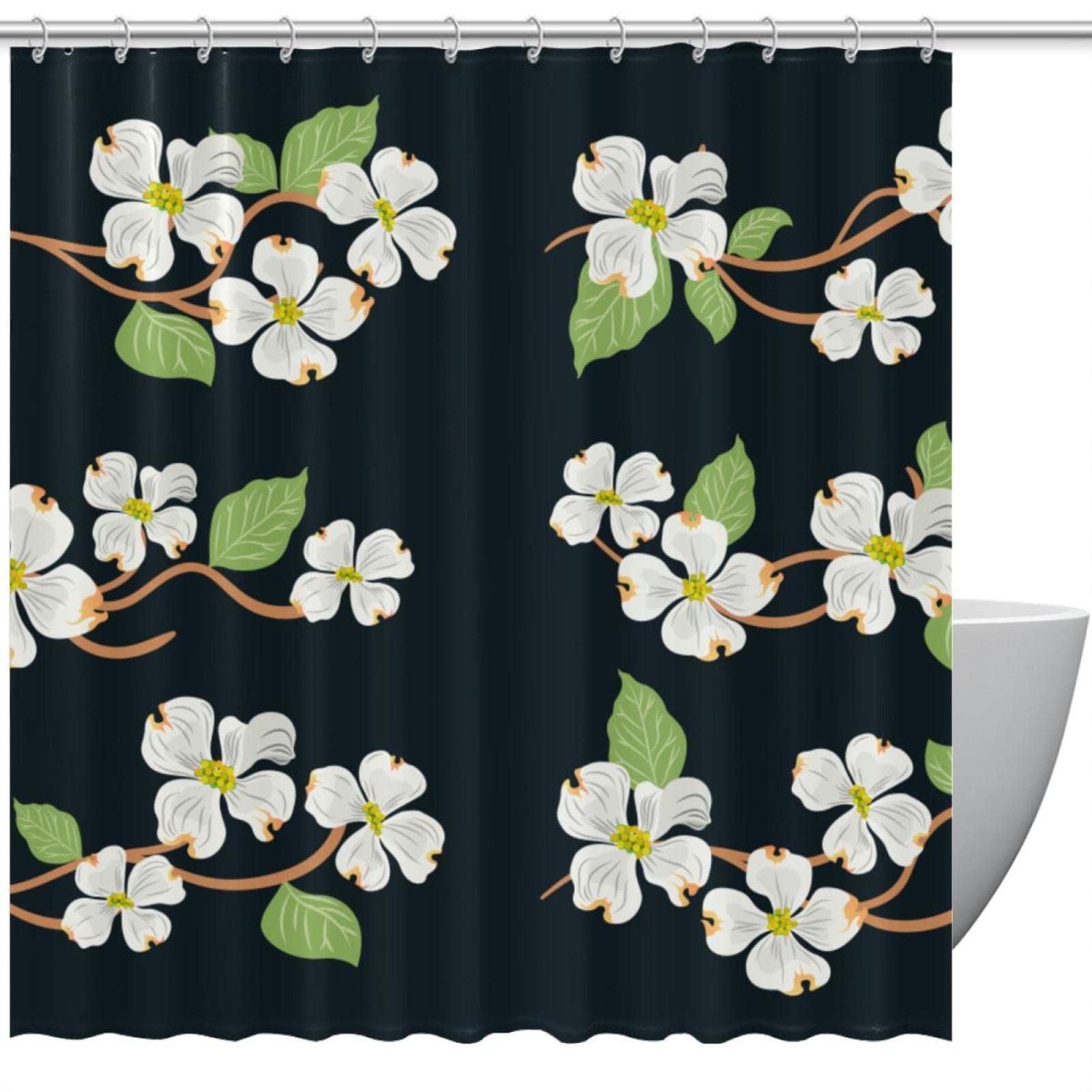 Rideau de douche anti odeur avec crochets pour baignoire motif Dogwood 60x72 pouces