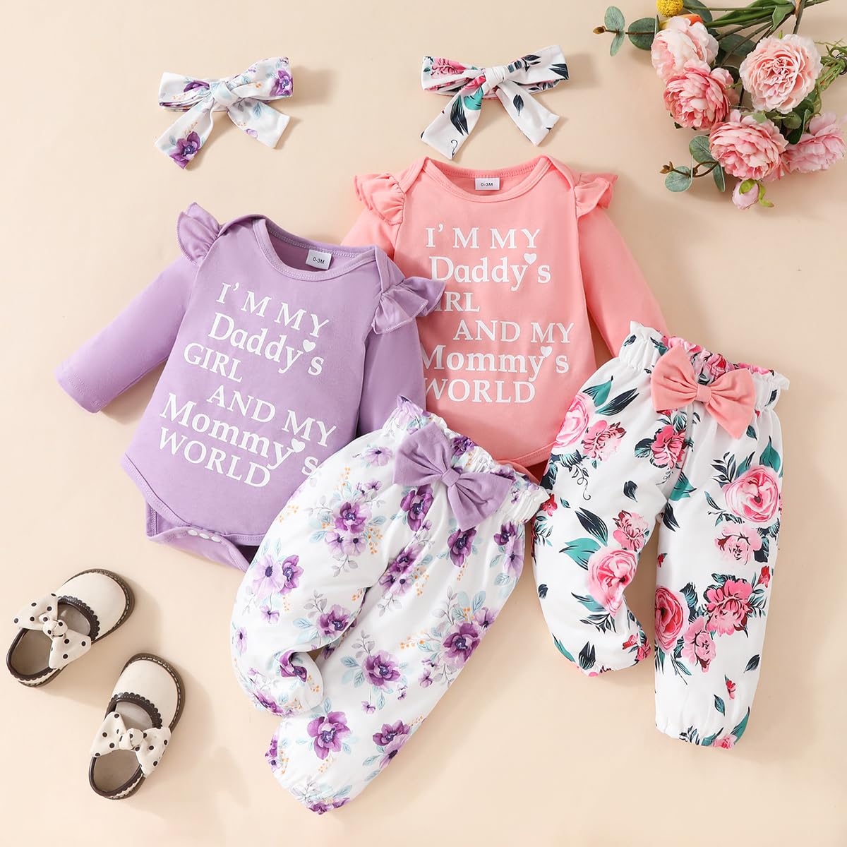 Neugeborenes Baby Mädchen Kleidung Papas Mädchen Langarm Strampler Tops Blumenhosen Sets Stirnband Säuglingsmädchen Herbst Outfits