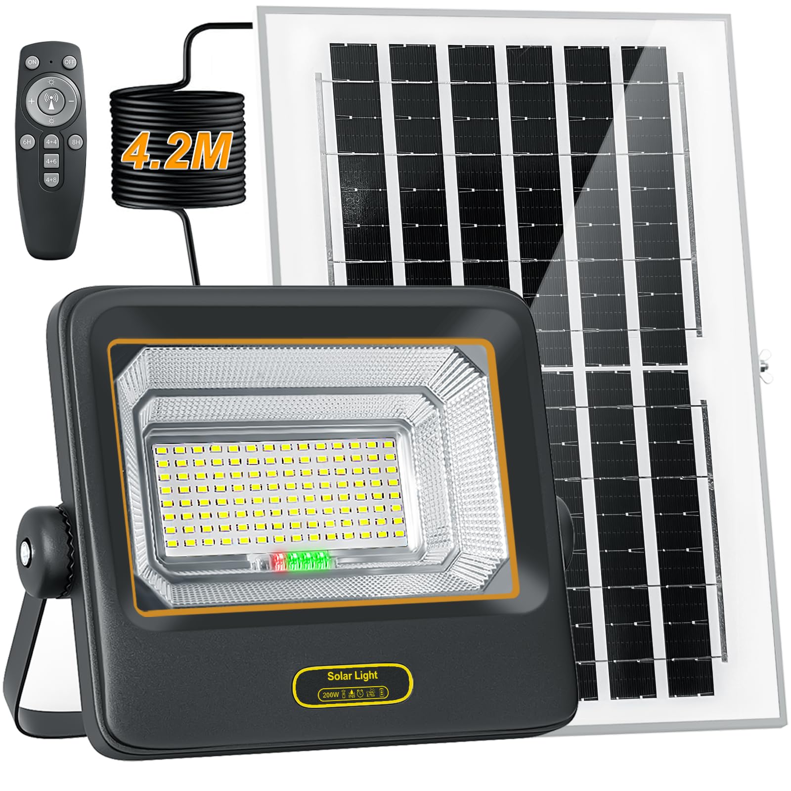 200W Faretto Led da Esterno Solare con Telecomando, 6500K Faro Led Esterno con Pannello solare,10000 mAh,IP67 Impermeabile,Luce Solare Led Esterno per Giardino Garage Parco