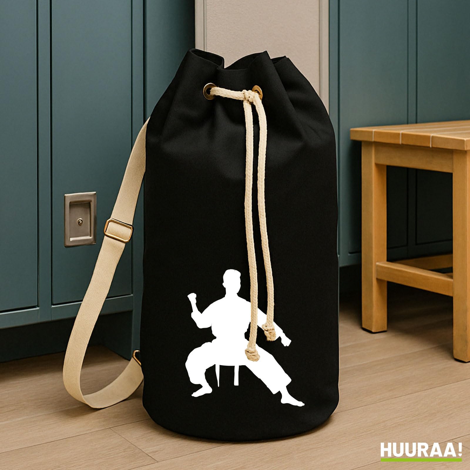 Huuraa Seesack Taekwondo Silhouette 20 Liter Black Baumwolle Rucksack Geschenkidee