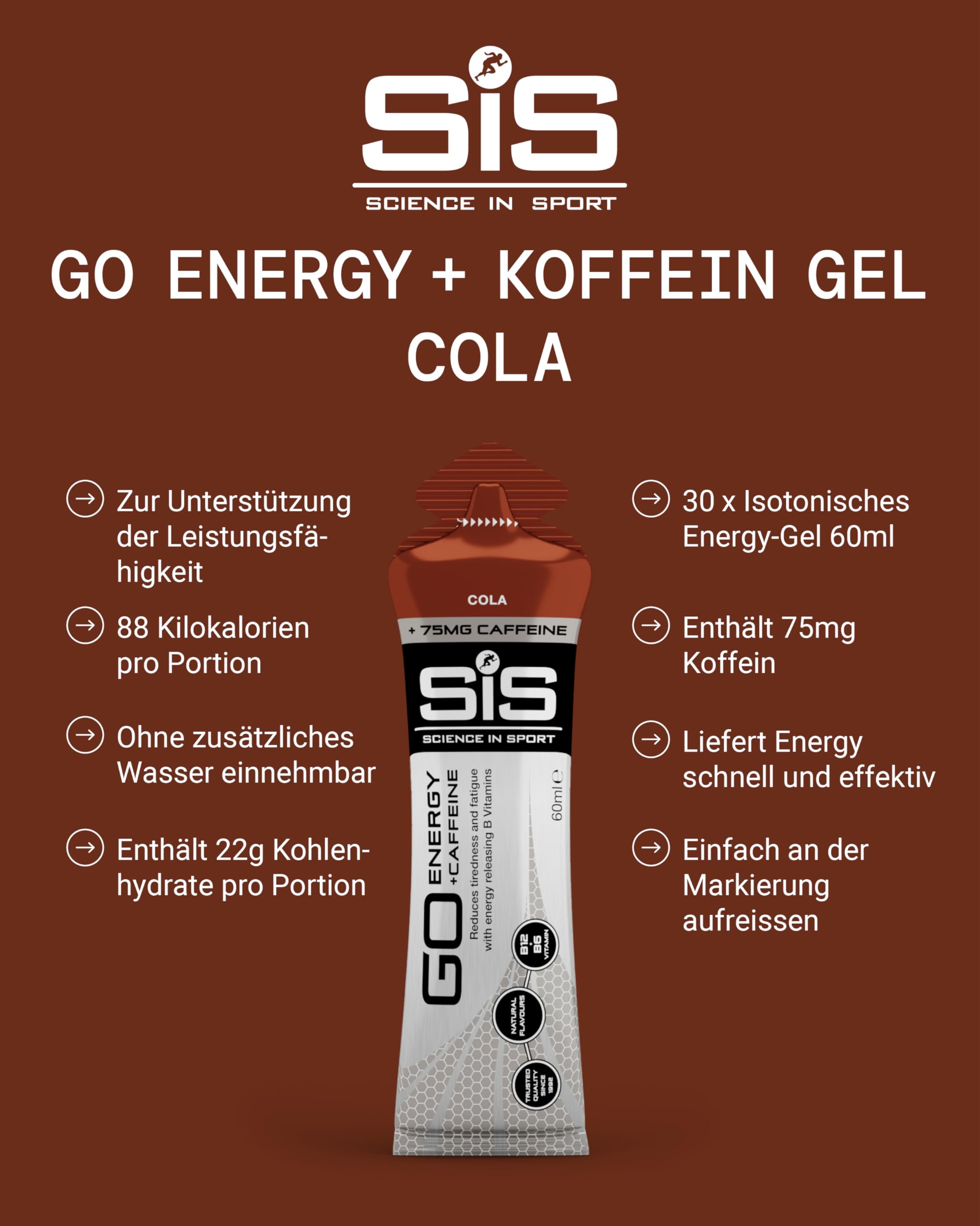 Science in Sport GO Energy Gel + Koffein Gel 30 x 60ml Cola, Vegan - Gel mit 150mg Koffein & 22g Kohlenhydrate, Energie für Ausdauersportler