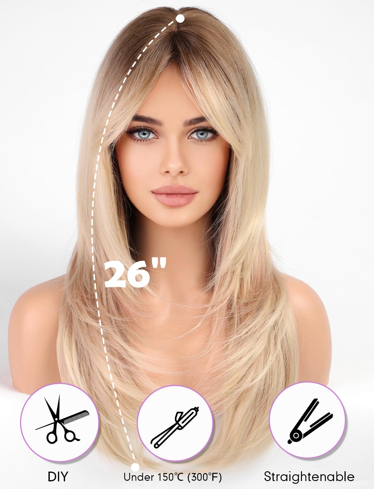 WOKESTAR Long Straight Wigs for Women with Curtain Fringe Layered Synthetic Color Hair (Ombre Mixed Brown) - Image 3