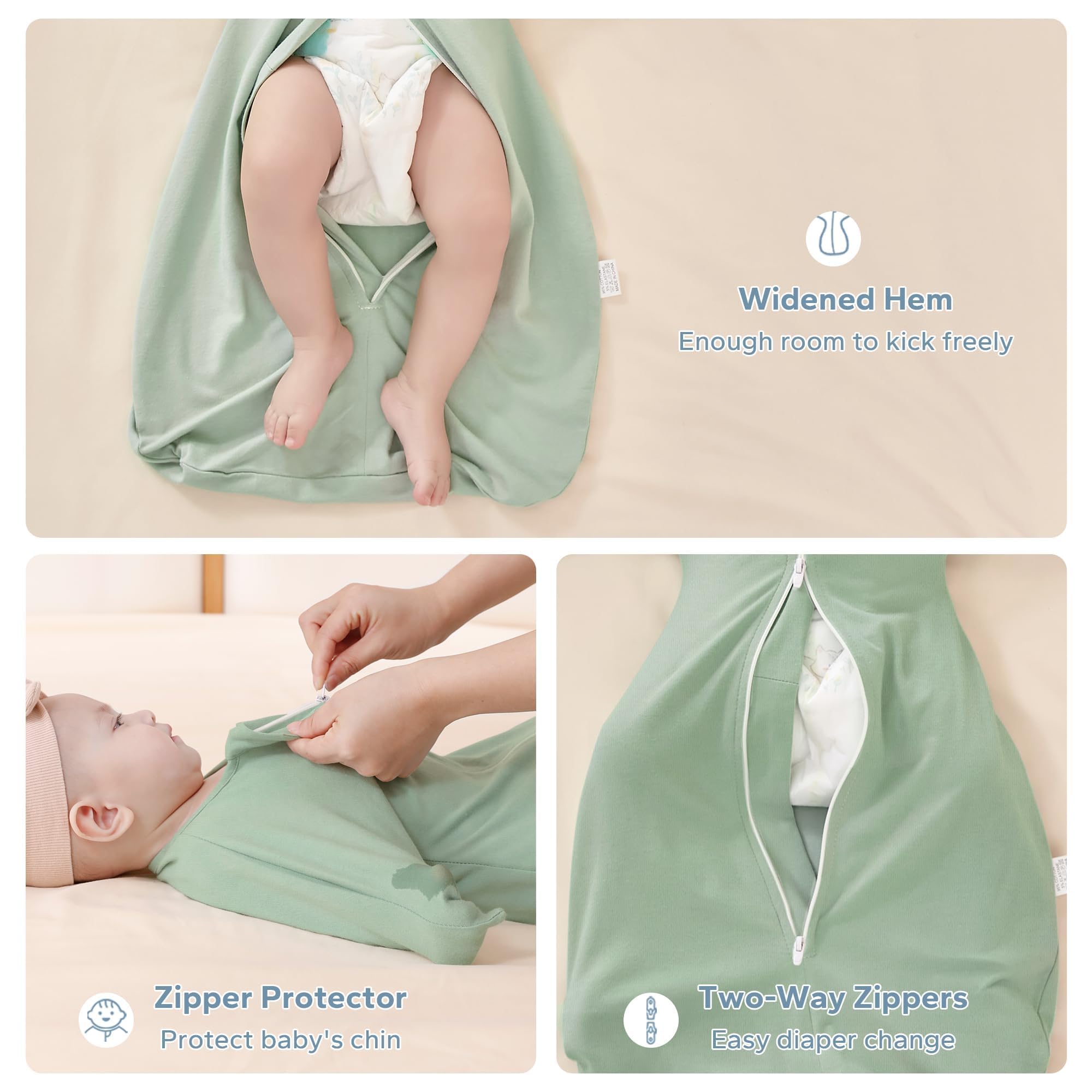 ZIGJOY Shark-Fin Transition Swaddle - 1.0 Tog Baby Sleep Sack 3-6 Months Soft Cotton Transitional Swaddle Baby Wearable Blanket with 2-Way Zipper, Classic Green