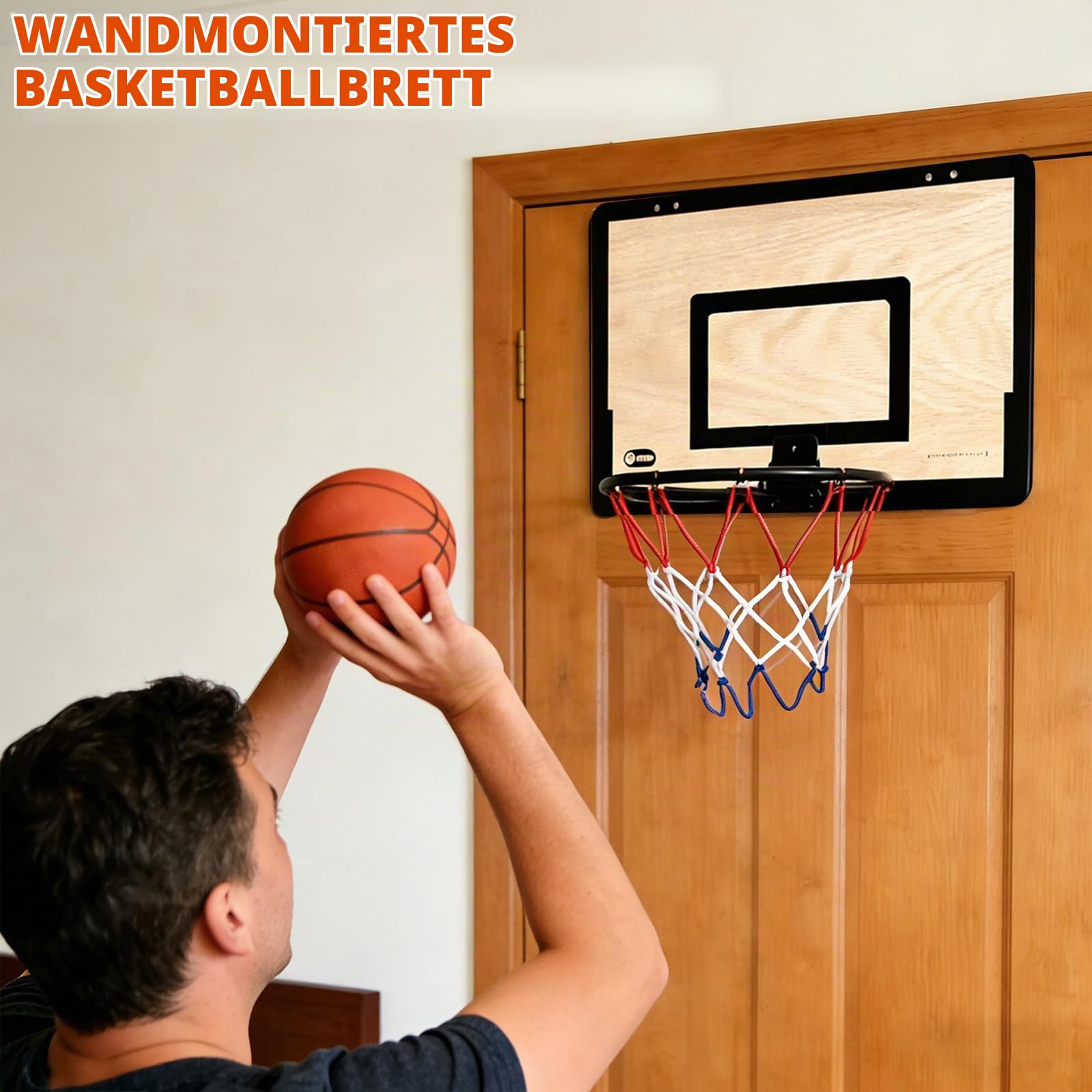 Basketballkorb Wäschekorb 2-in-1, Türhängender Mini Basketballkorb mit großem Netz-Wäschesack & Reißverschluss, Wäschekorb aus Holz inkl. Ball & Pumpe, für Kinderzimmer & Wohnheim (Naturholz)