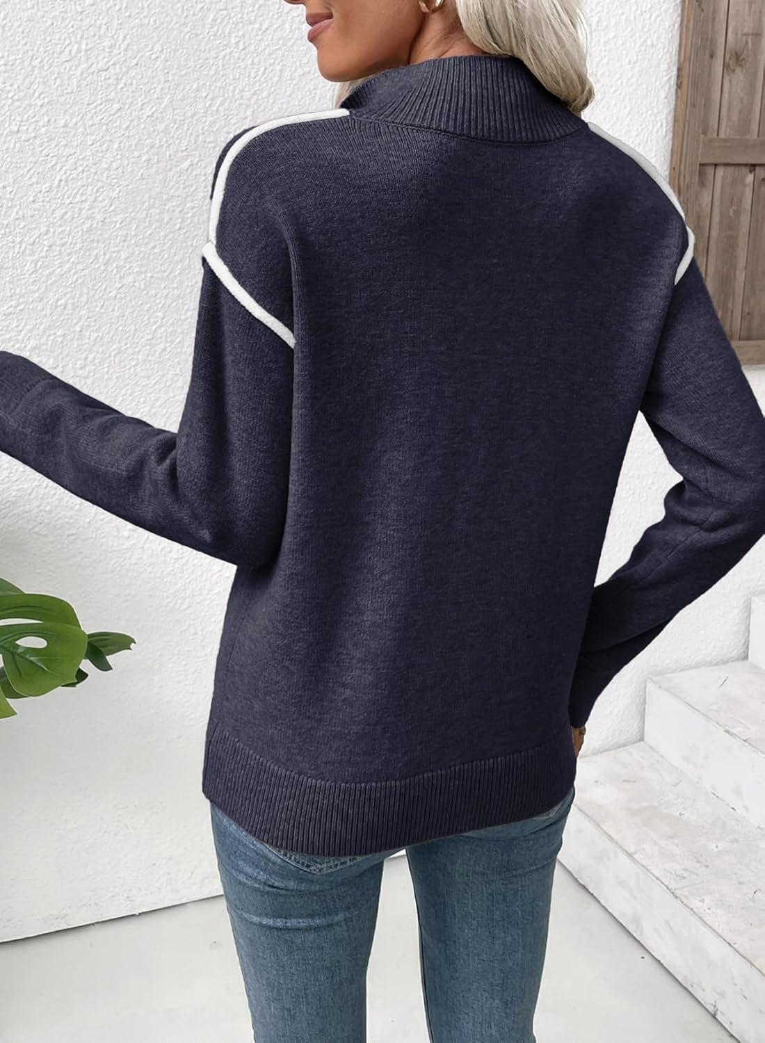 EVALESS Womens Sweaters V Neck Long Sleeve Quarter Zip Collared Ribbed Knit Dressy Casual Pullover Sweaters Outfits - Image 3