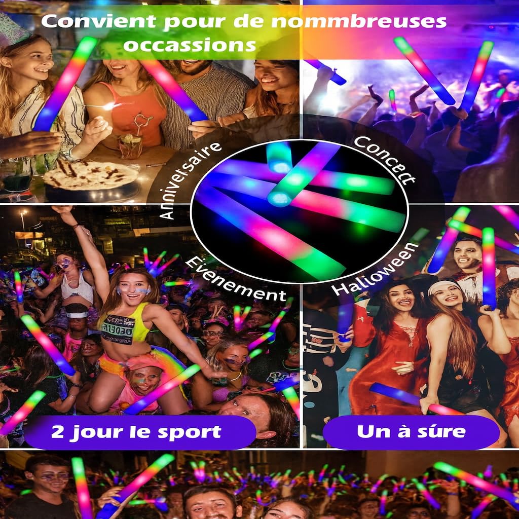 zenda club® Bastone luminoso LED in schiuma multicolore 48 cm (50 pezzi) - 3 modalità lampeggianti - Glow Stick LED per feste, concerti, matrimoni, compleanni, lunga durata 8H (rosso)