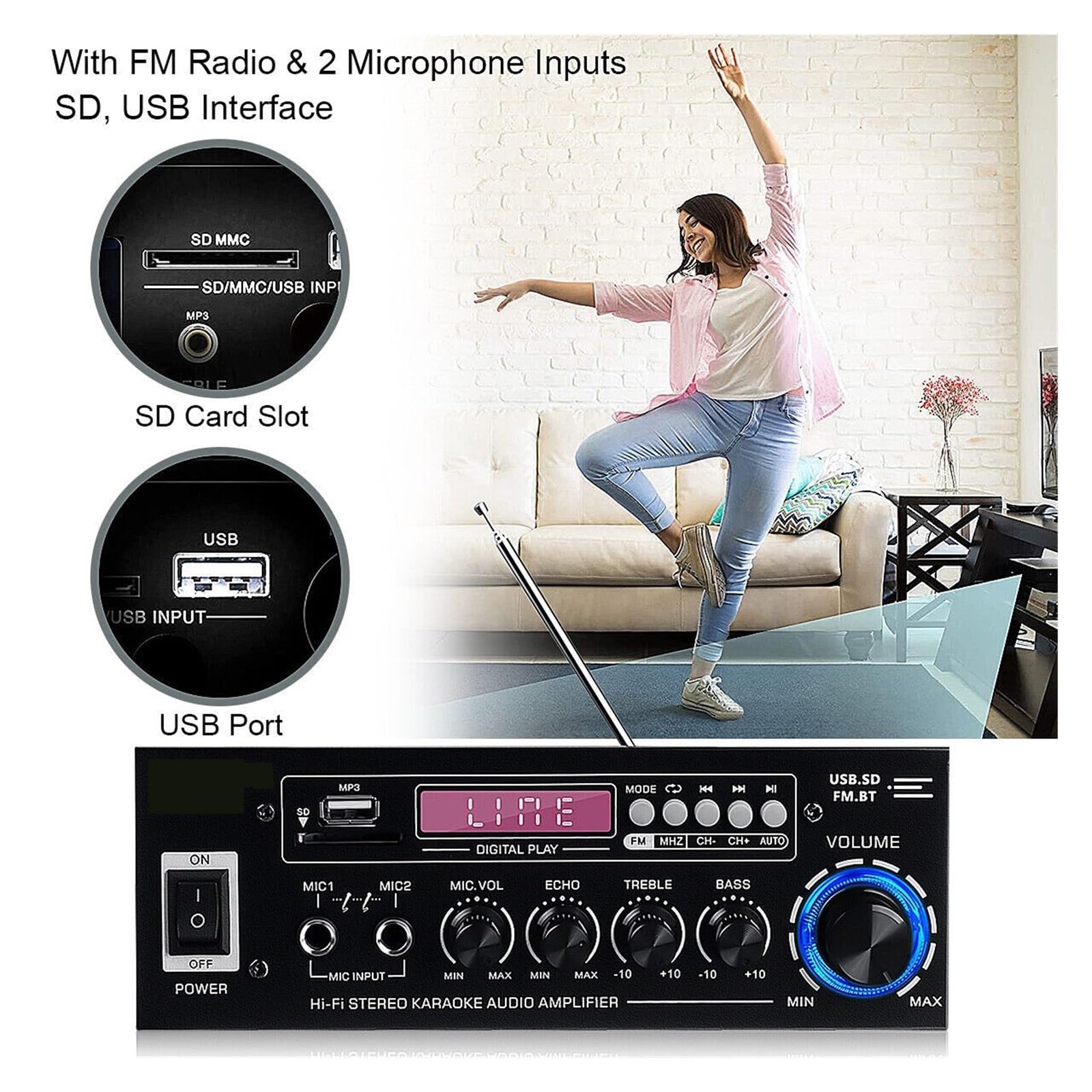 Amplificatore Audio Home Car Theater Amplificatore Audio Supporto Mic Amp Piccolo ma Potente(660BT Black)
