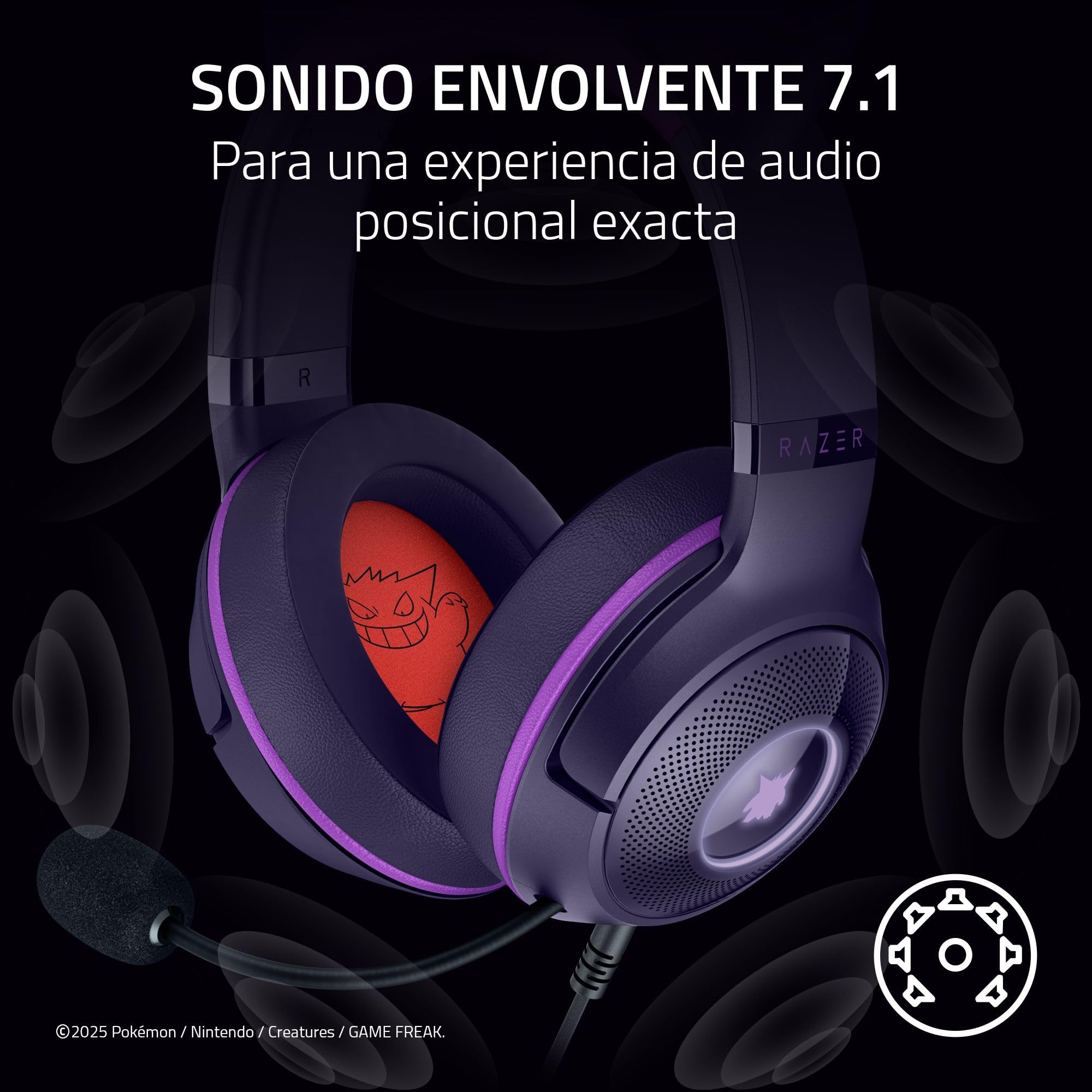 Razer Kraken Kitty V2 Edición Gengar Pokémon - Auriculares USB Púas de Gengar - iluminación reactiva al stream - micrófono cardioide HyperClear - TriForce 40mm | Morado