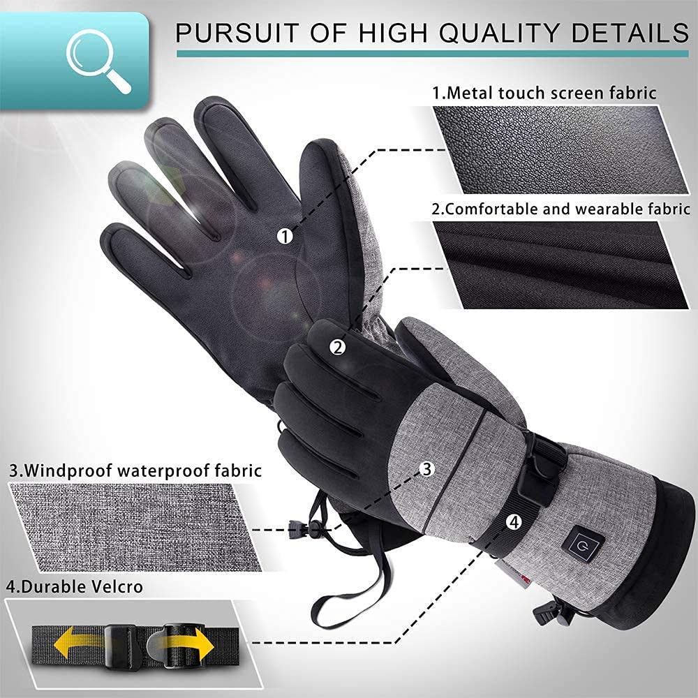 Guanti riscaldati con Batteria Ricaricabile da 2500 mAh - 3 Livelli di Riscaldamento Controllo Intelligente, Guanti Invernali Traspiranti Impermeabili, Guanti da Sci Touchscreen