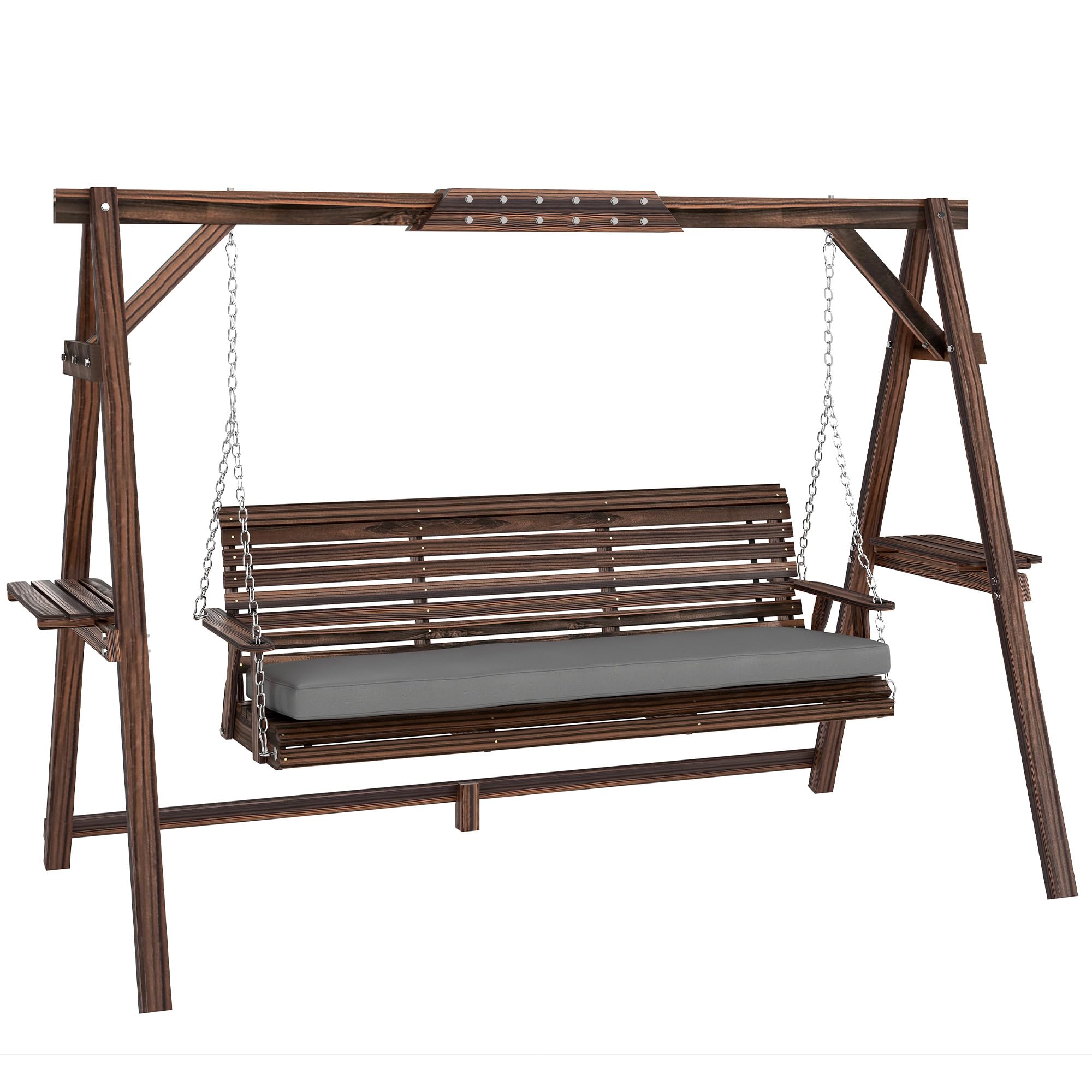 Outsunny Carbonised Brown 3 Seater Garden Swing Seat, Wooden Swing Chair Bench With Cushion, Side Trays And Metal Chains, For Outdoor Porch Patio,