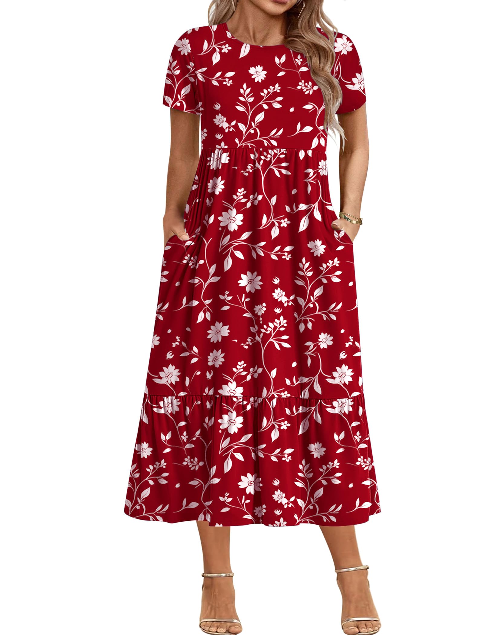 IN'VOLAND Women Plus Size Short Sleeve Dress Loose Plain Casual Summer Flowy Tiered Long Maxi Dresses with Pockets