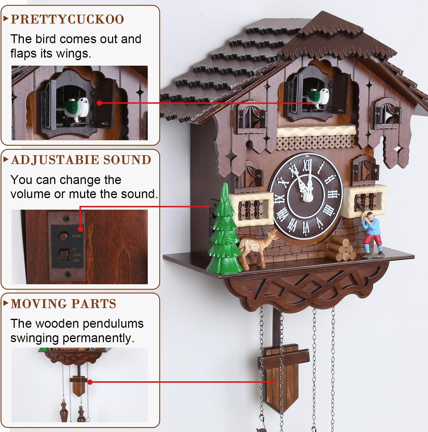 Kendal Cuckoo Clock Large Vintage Wall Clock Handcrafted Wood Cuckoo Clock House Home Decor with Singing Bird & The Man Work in Front of The House Decoration CC23-3