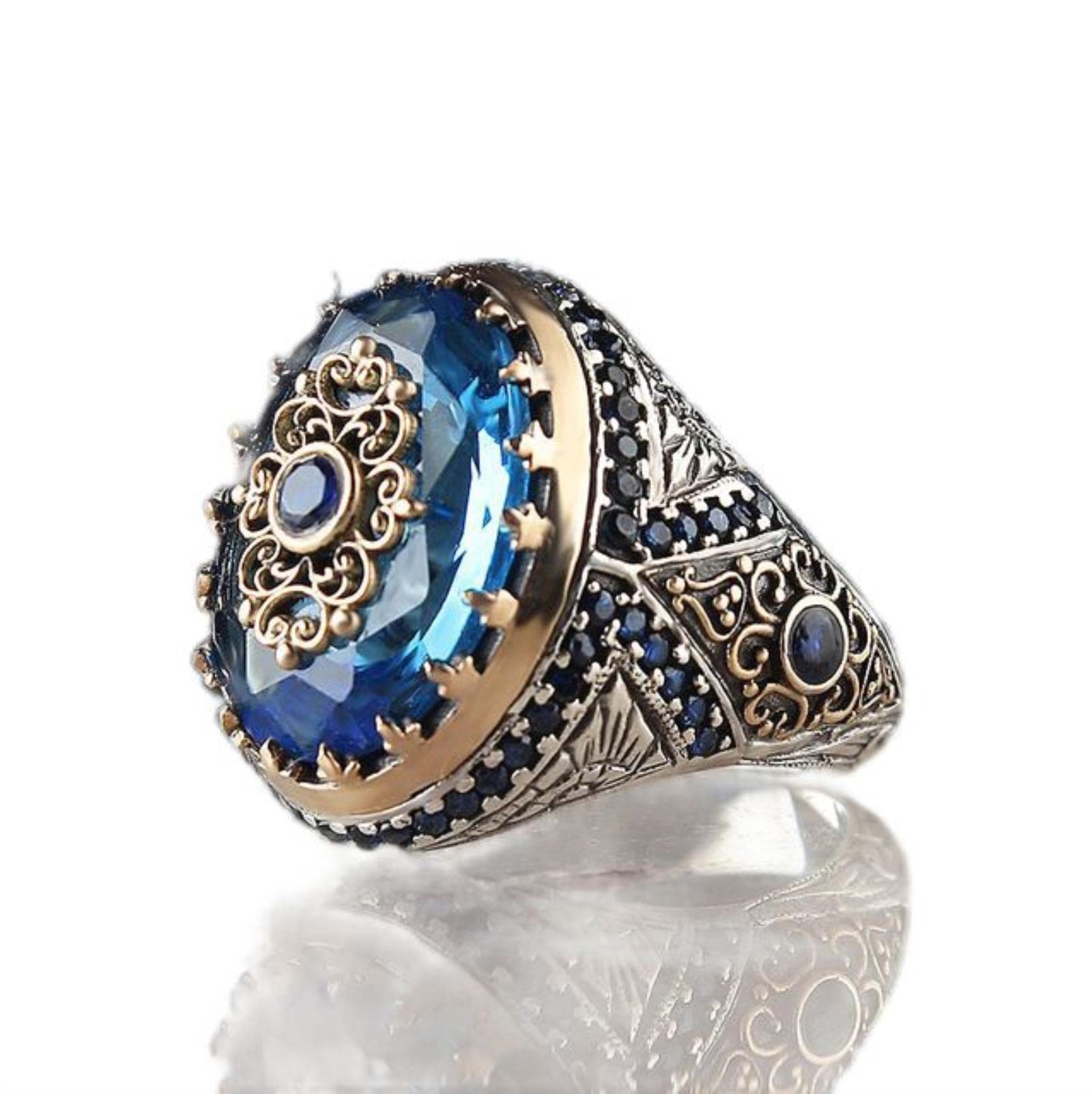 WSZJLN Retro Handmade Turkish Signet Rings For Men Ancient Silver Color Carved Eagle Ring Mystic Zircon Inlay New Punk Motor Biker Ring-13,25 Opening