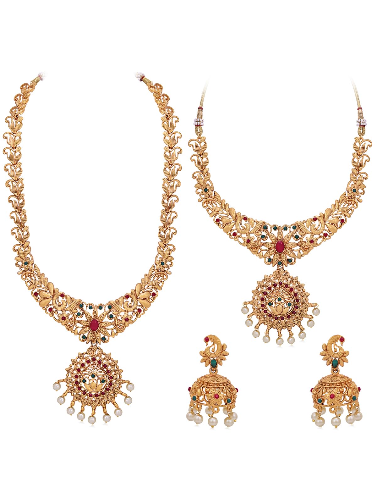 Sukkhi South Indian Stylish Red And Green AD Stones Studded Gold Plated Long & Shot Necklace with Jhumka/Jhumki Earrings | Combo Jewellery Set for Women (CBNS104894) (B0CKXYZGV9) Amazon Price History, Amazon Price Tracker