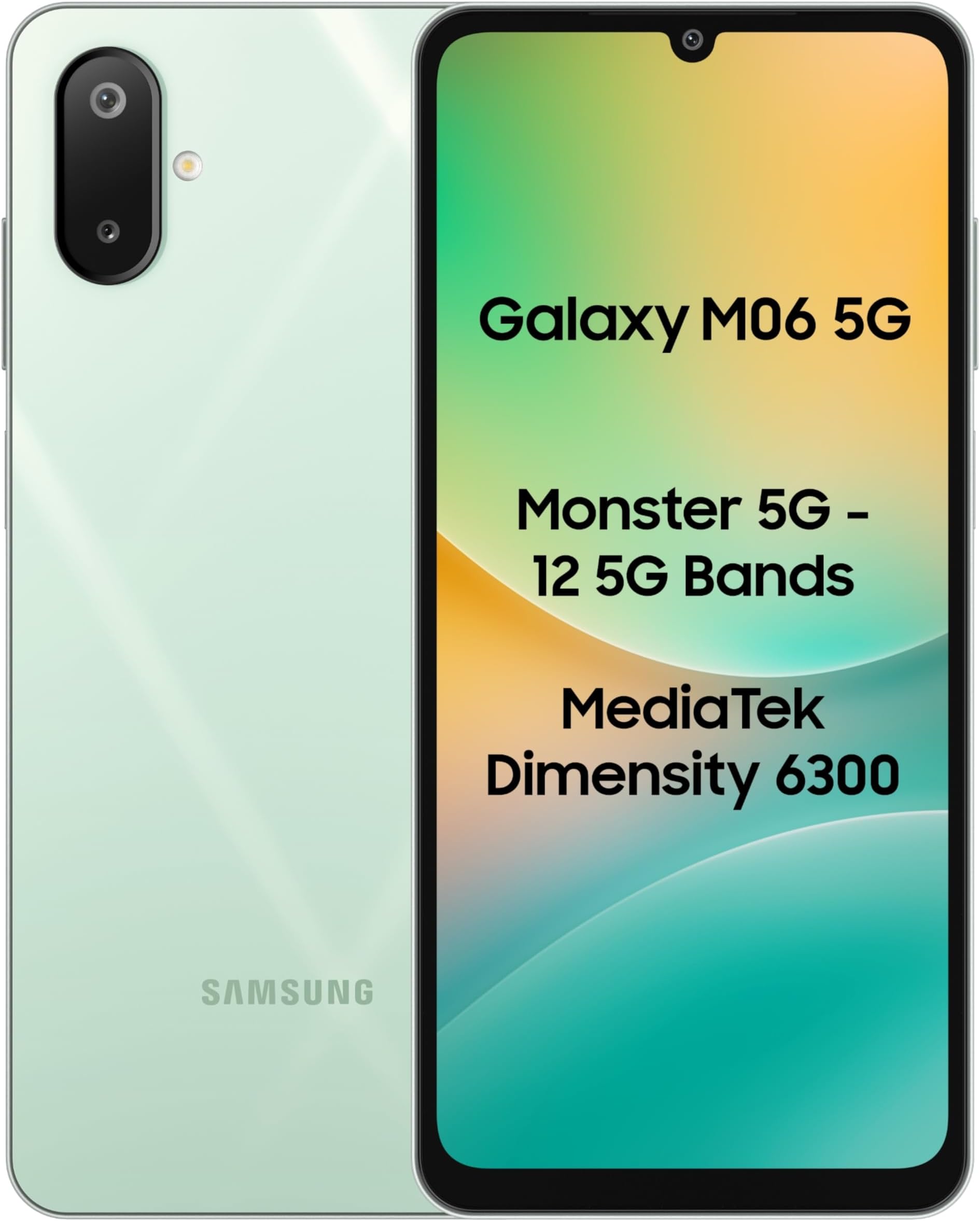 SAMSUNGGalaxy M06 5G (Sage Green, 6GB RAM, 128 GB Storage) | MediaTek Dimensity 6300 | AnTuTu Score 422K+ | 12 5G Bands| 25W Fast Charging | 4 Gen. of OS Upgrades | Without Charger