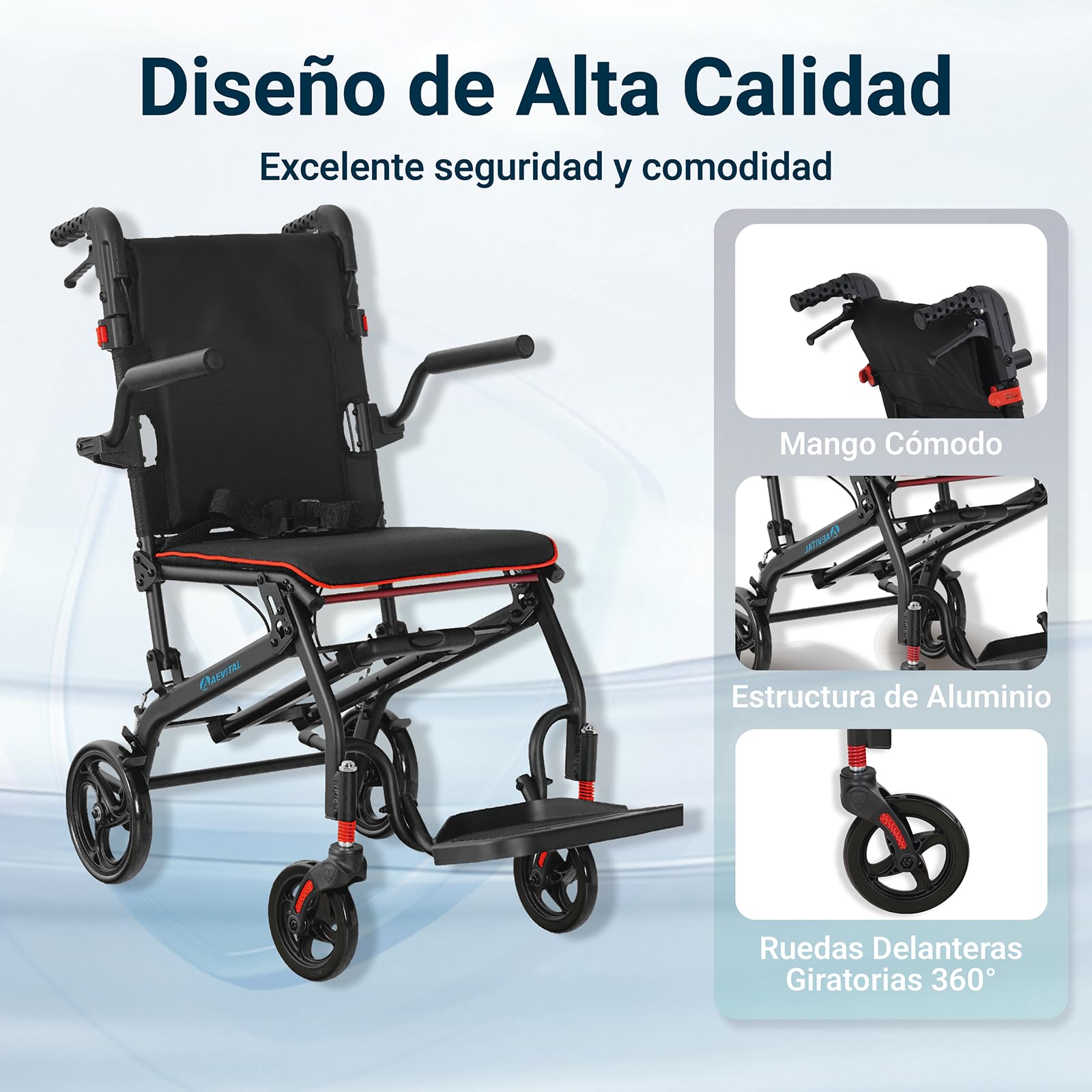 Silla de Ruedas Plegable Ligera Silla de Ruedas de Tránsito, Silla de Ruedas Estrecha para Casa y Exterior para mayores e minusválidos con Freno Manual (Negro)