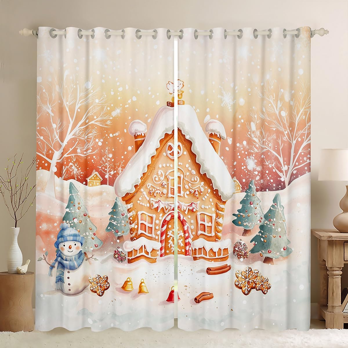 Manfei Christmas Blackout Curtain Cartoon Castle Window Drapes for Kids Girls Boys Room Decor, Pine Trees and Snowman Window Treatments, Grommet Top 2 Panel Set Bedroom Curtains, 38Wx54L inch