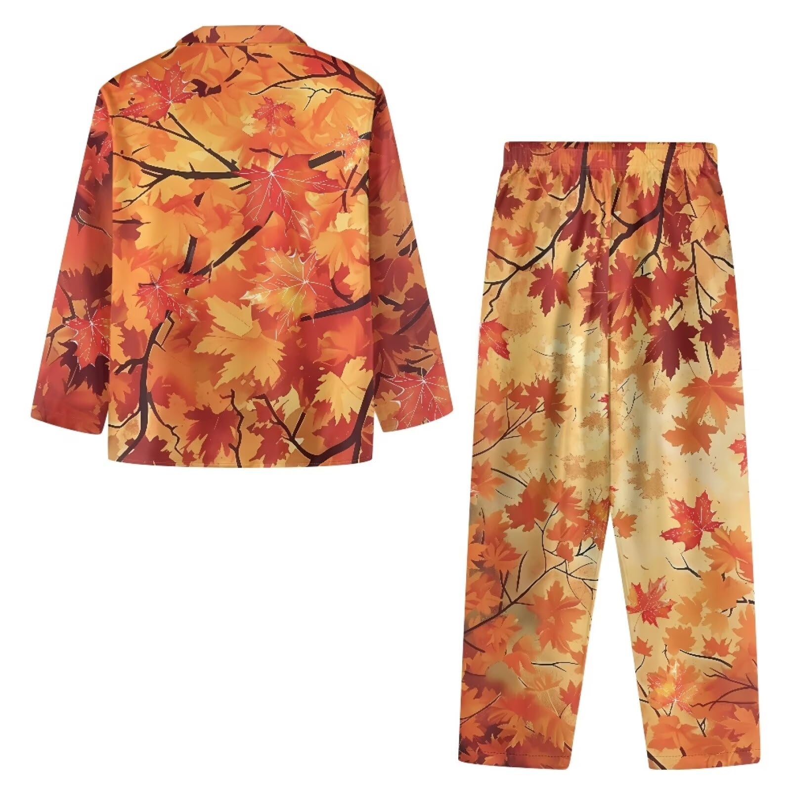 Biyejit Conjunto de pijama para mujer, estilo casual, con botones, cuello en V, bolsillos y bolsillo, tallas XS-4XL, 2 piezas, Hojas de arce otoñales, 4XL