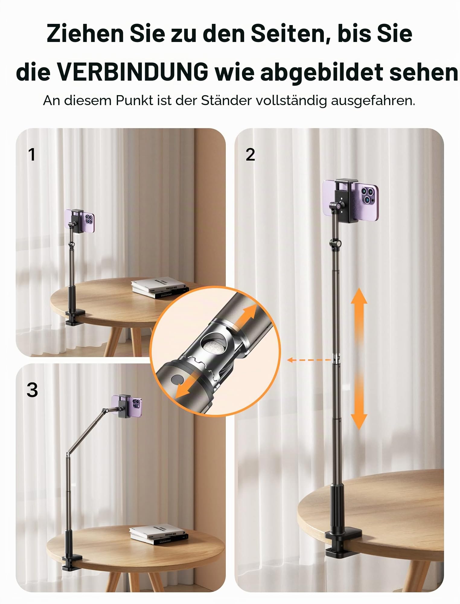 JSAUX Handy Halter mit justierbarem langem Arm für Schreibtisch & Bett, Handystütze, Mobil-Ständer, Handyhalter, Handy-Ständer, Telefonhalter kompatibel mit iPhone 15/15 Pro/15 Plus/14 etc. [Schwarz]
