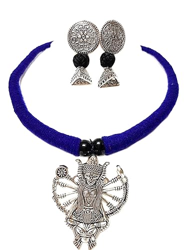 Traditional Jewellery Silver Pendant Oxidized Metal Goddess Maa Durga Pendant Necklace Set with Ethnic Earrings for Women and Girls