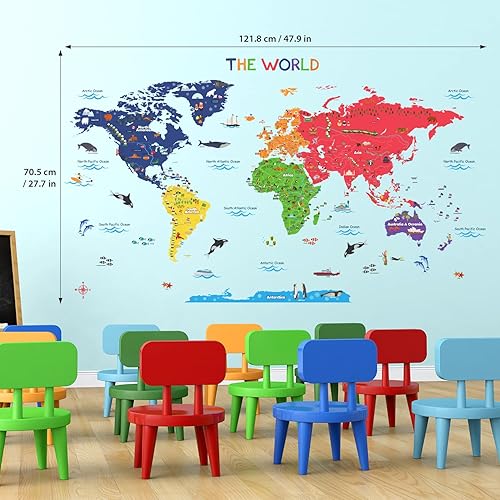 Miniatura 6 de BASHOM SG2-115 - Calcomanías de pared de mapa del mundo de animales grandes, calcomanías educativas para niños, guardería, dormitorio, sala de