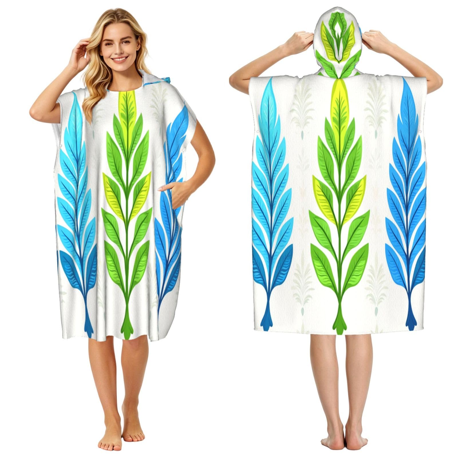 KLGRTJHK Palm Leaf Pattern Adult Hooded Beach Poncho Towel 43"X35"
