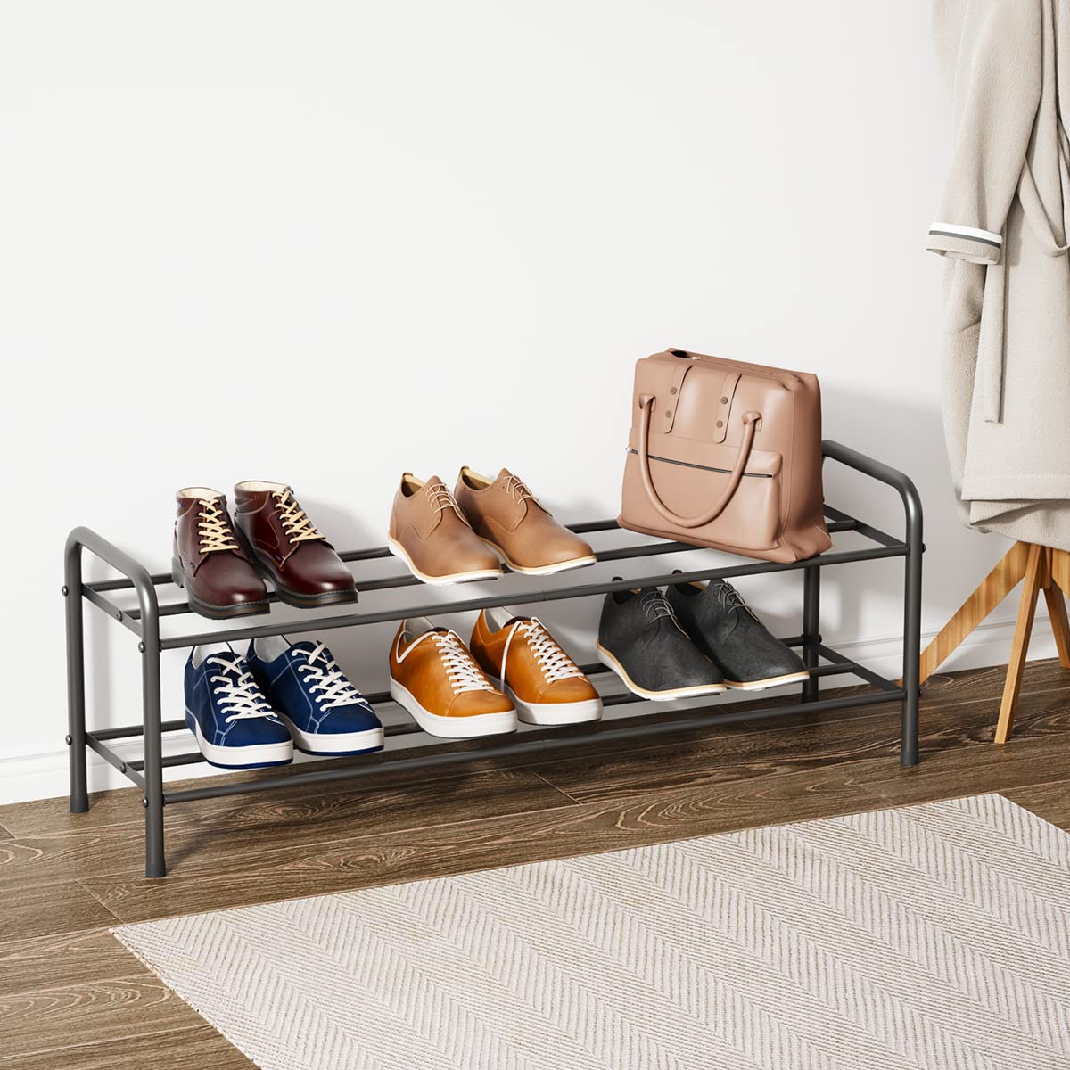 FANHAO Scarpiera Potenziata in Acciaio Inossidabile a 2 Livelli, Organizer Scarpe Ripiano per Scarpe di 8 Paia di Scarpe, per Soggiorno, Guardaroba e Corridoio, 80 x 26 x 33.5cm (Nero opaco)