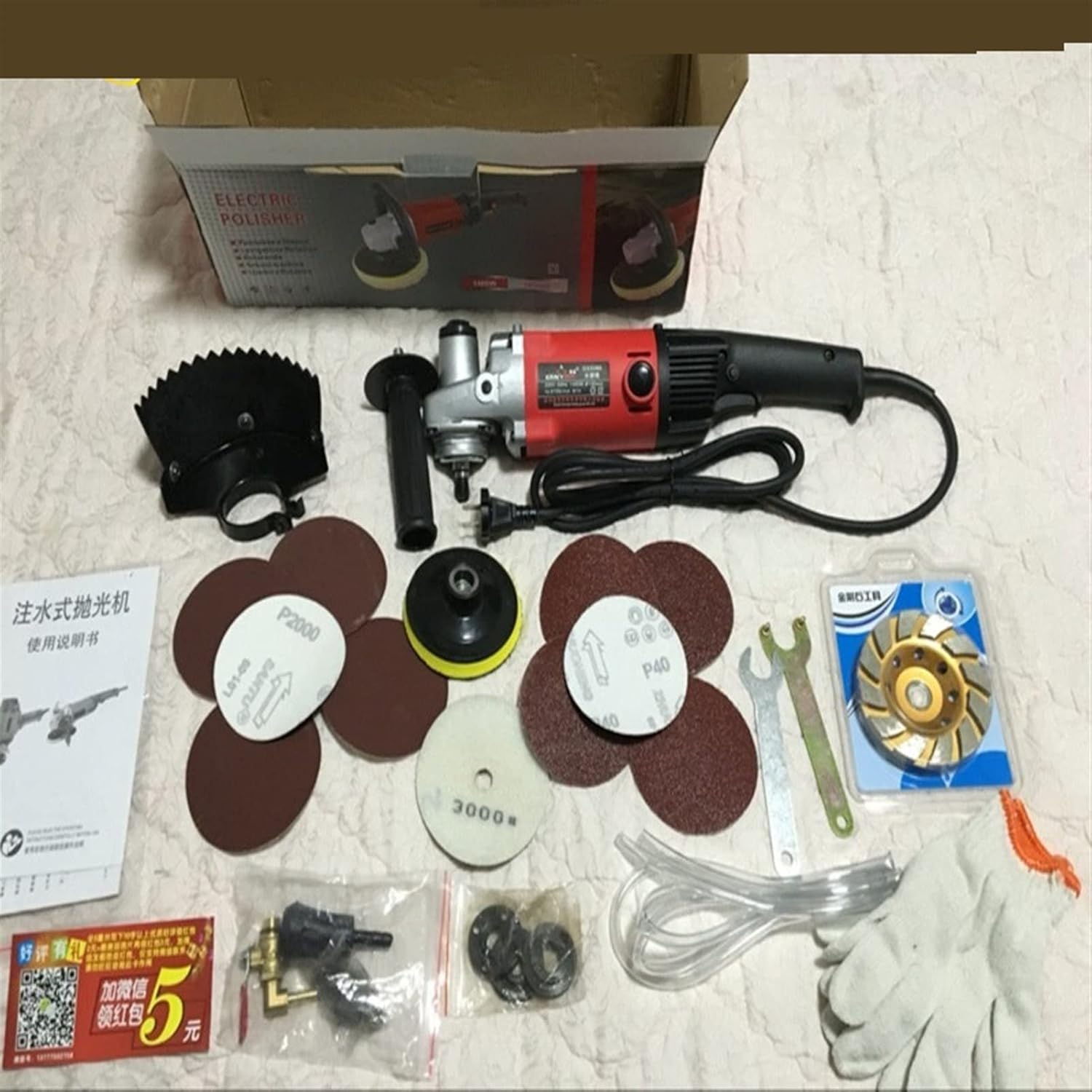 Wet Grinder 1400W M14 4" Electric Stone Wet Polisher Variable Speed Hand Grinder Water Mill with 8 Units 4" Wet polishing pad for Granite/Marble/Concrete/Stones