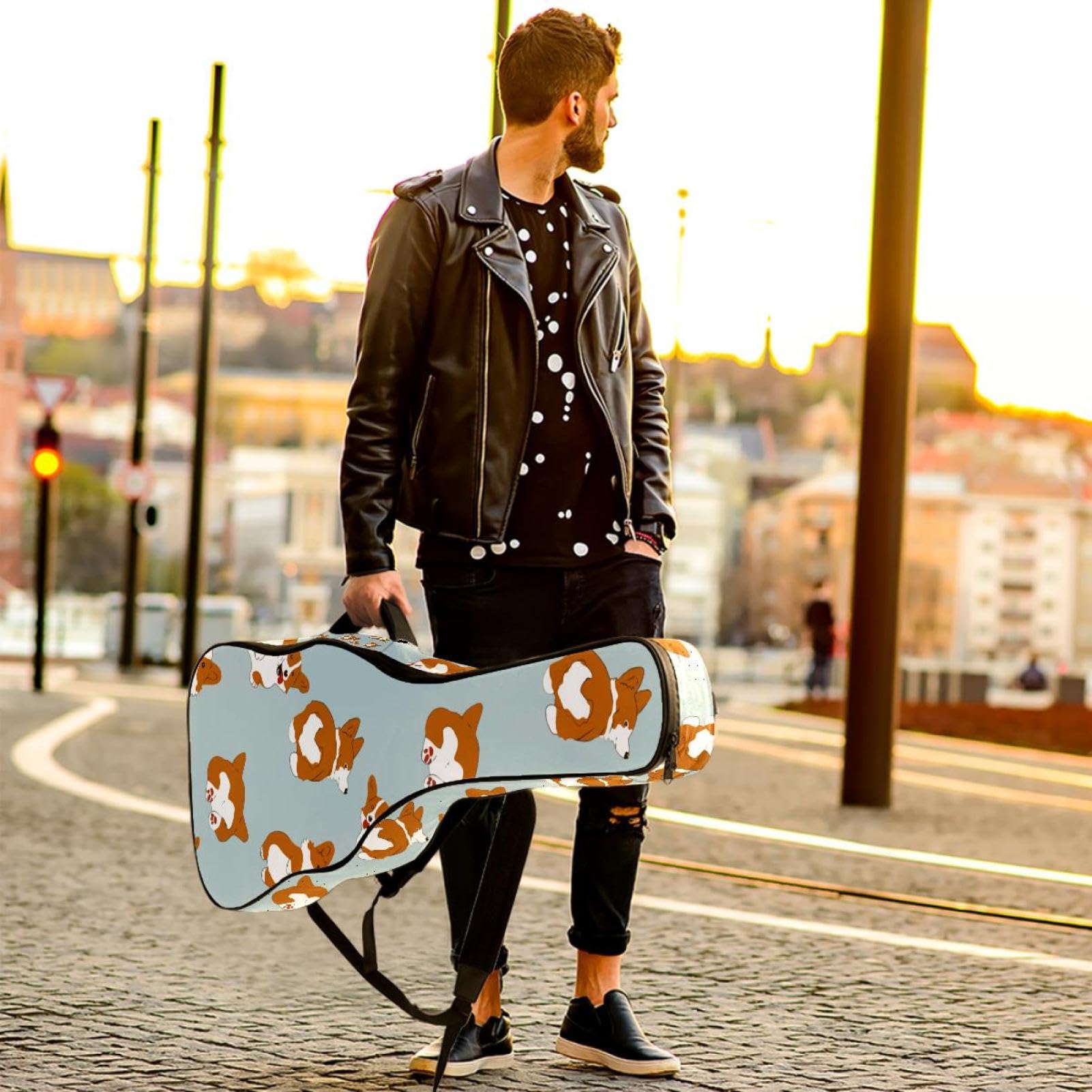 Torba na gitarę akustyczną Wodoodporny plecak na gitarę Gruby miękki wyściełany Corgi Klasyczna obudowa na gitarę, wielobarwny, 42.9x16.9x4.7 in, Organizer do torby