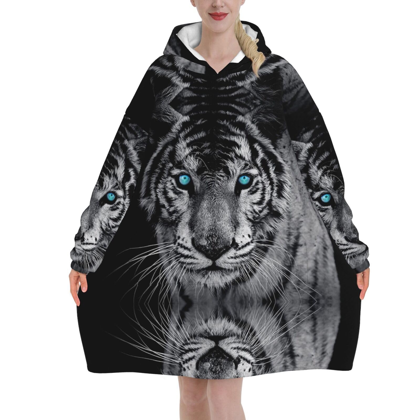 Jmorco White Tiger Blanket Hoodie Oversized Wearable Hooded Blanket Warm Throw Blanket Sweatshirt For Women Men Teens 280g Flannel