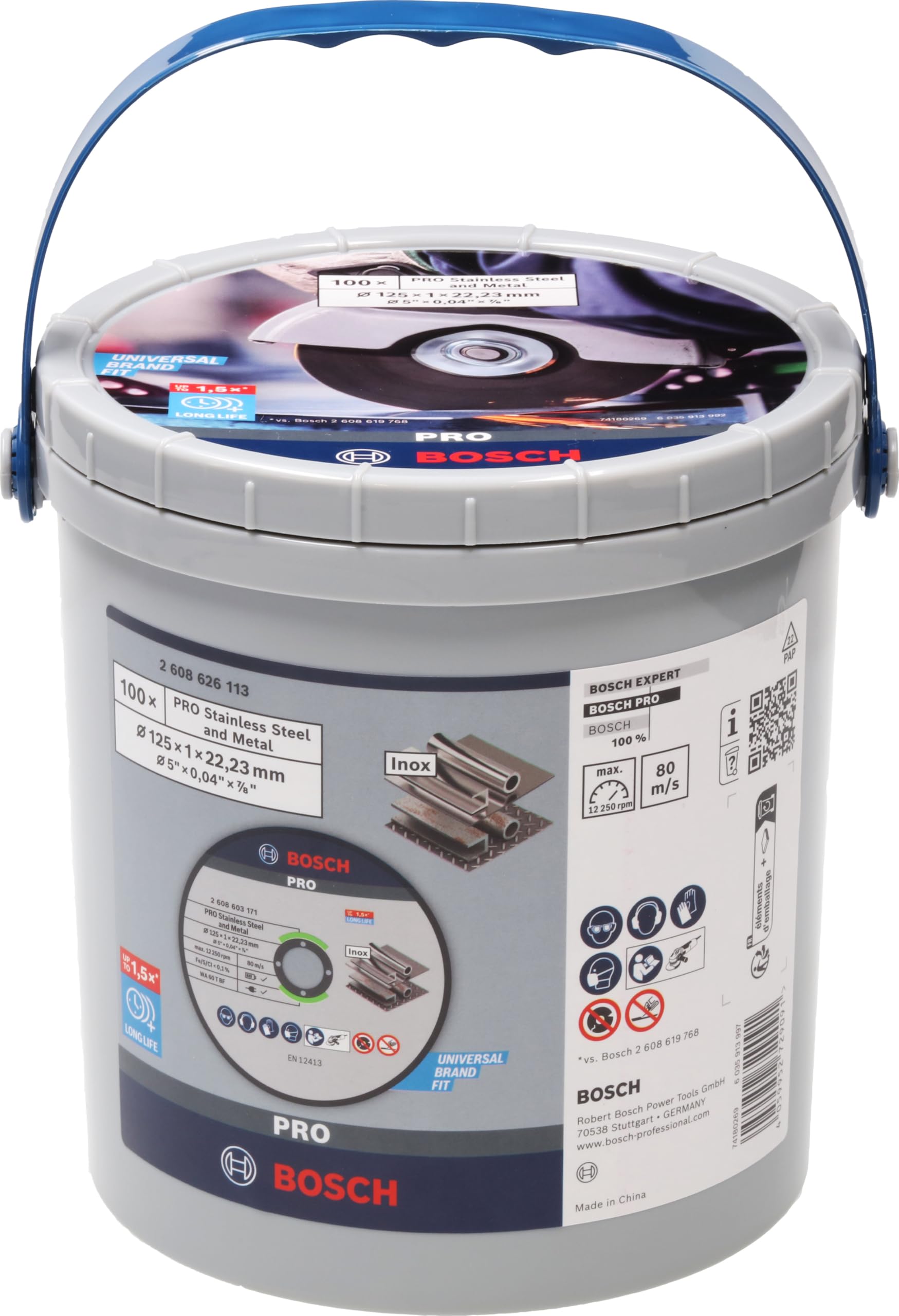Bosch 100x Disco de corte abrasivo PRO Stainless Steel and Metal de larga vida útil, diámetro interior de 22,23 mm (para Acero, Acero inoxidable, Ø 125 mm, Professional Accesorios Amoladora pequeña)