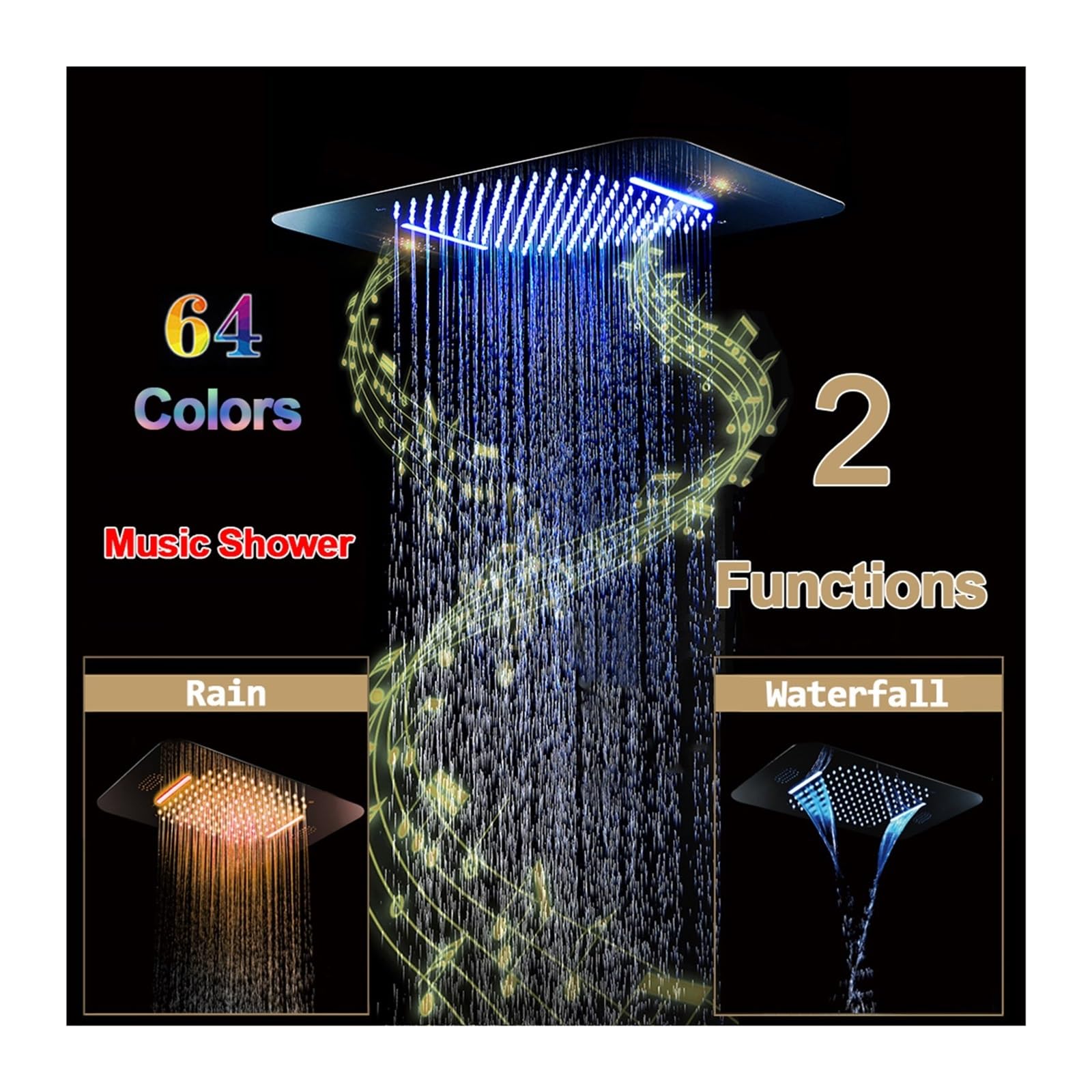 Set di sistemi doccia di lusso neri ， Soffione doccia a LED con soffione a pioggia ad alto flusso d'acqua Pannello doccia con altoparlante for musica ， Miscelatore termostatico Rubinetto in ottone(Sty