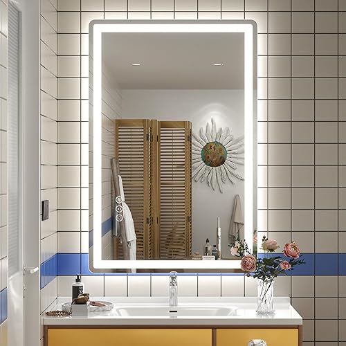 Miniatura 8 de SMIROR Espejo de baño LED con luces de 22" x 30", espejo de tocador rectangular redondeado iluminado para pared, iluminado frontal y retroiluminado,