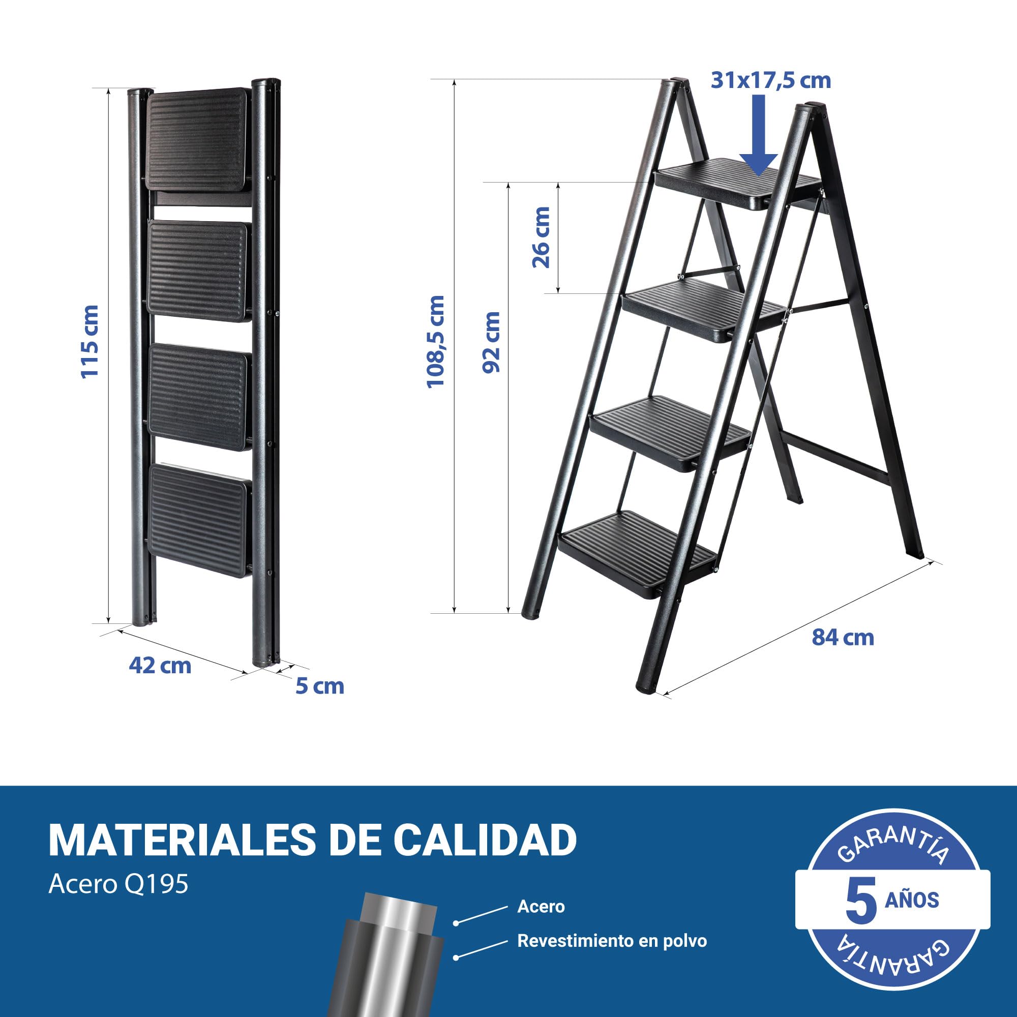 HOSTRÖM Escalera 4 peldaños FOLDPACT4, Taburete Plegable, Diseño ultracompacto, Peldaños Anchos 17,5 cm, Acero, Estante Temporal, Garantía 5 años.