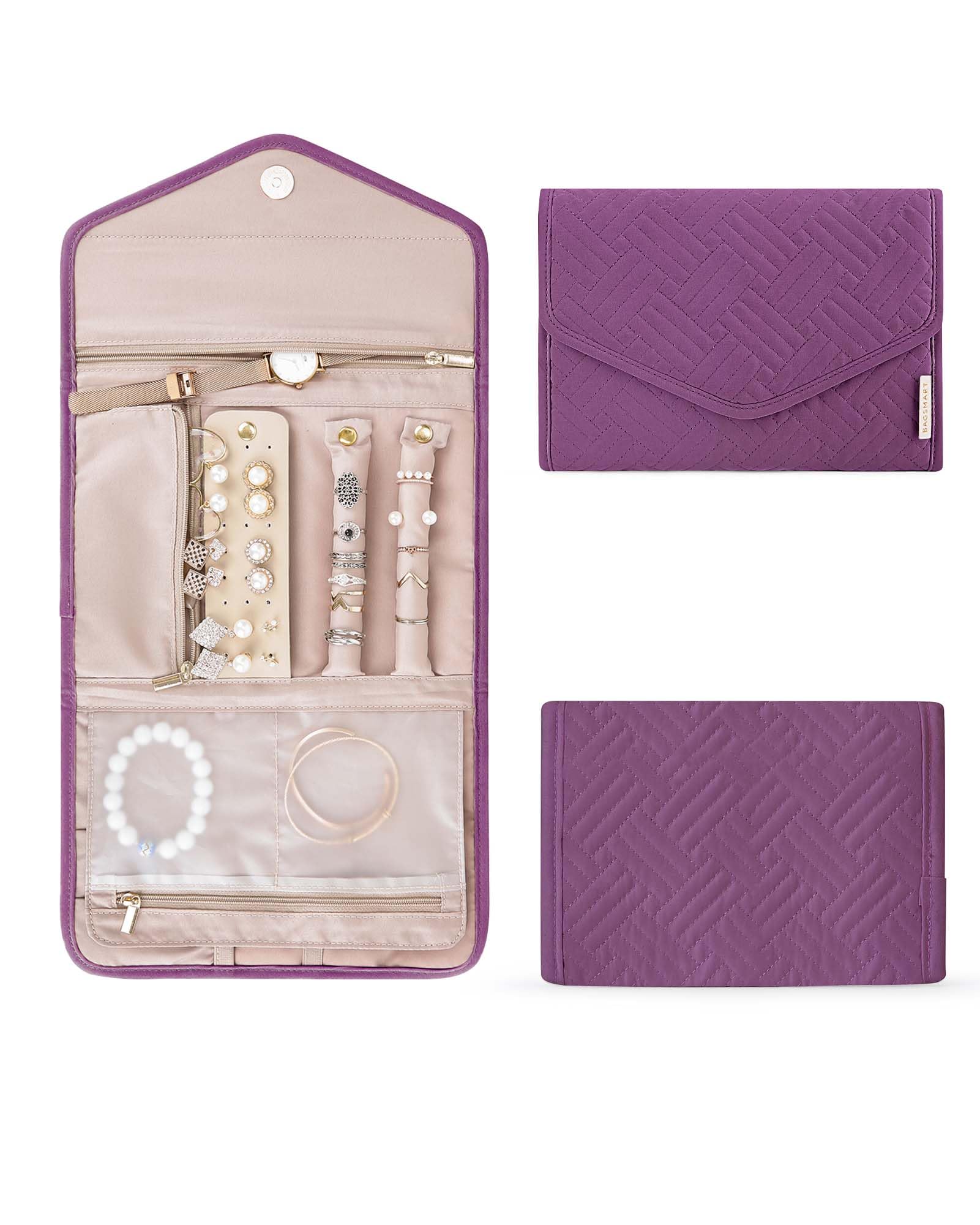 BAGSMART Travel Jewelry Organizer Roll Foldable Jewelry Case,Purple