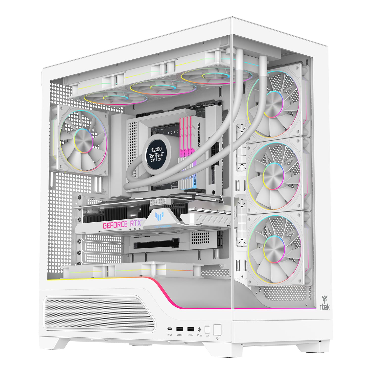 Itek Case Gaming SHOWBUI WAVE 82W - Tower ATX con 4 ventole ARGB 12 cm incluse - 2xUSB3, Type-C- paratia frontale e laterale in vetro temp scuro - Ed. Bianca