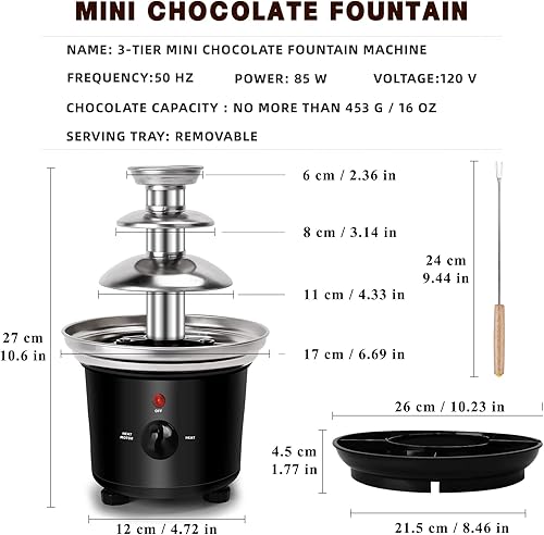 Vista 7 de Fuente de fondue de chocolate de 16 onzas, mini fuente de chocolate de 3 niveles con 6 tenedores de fondue y bandeja de extracción de frutas/frutos