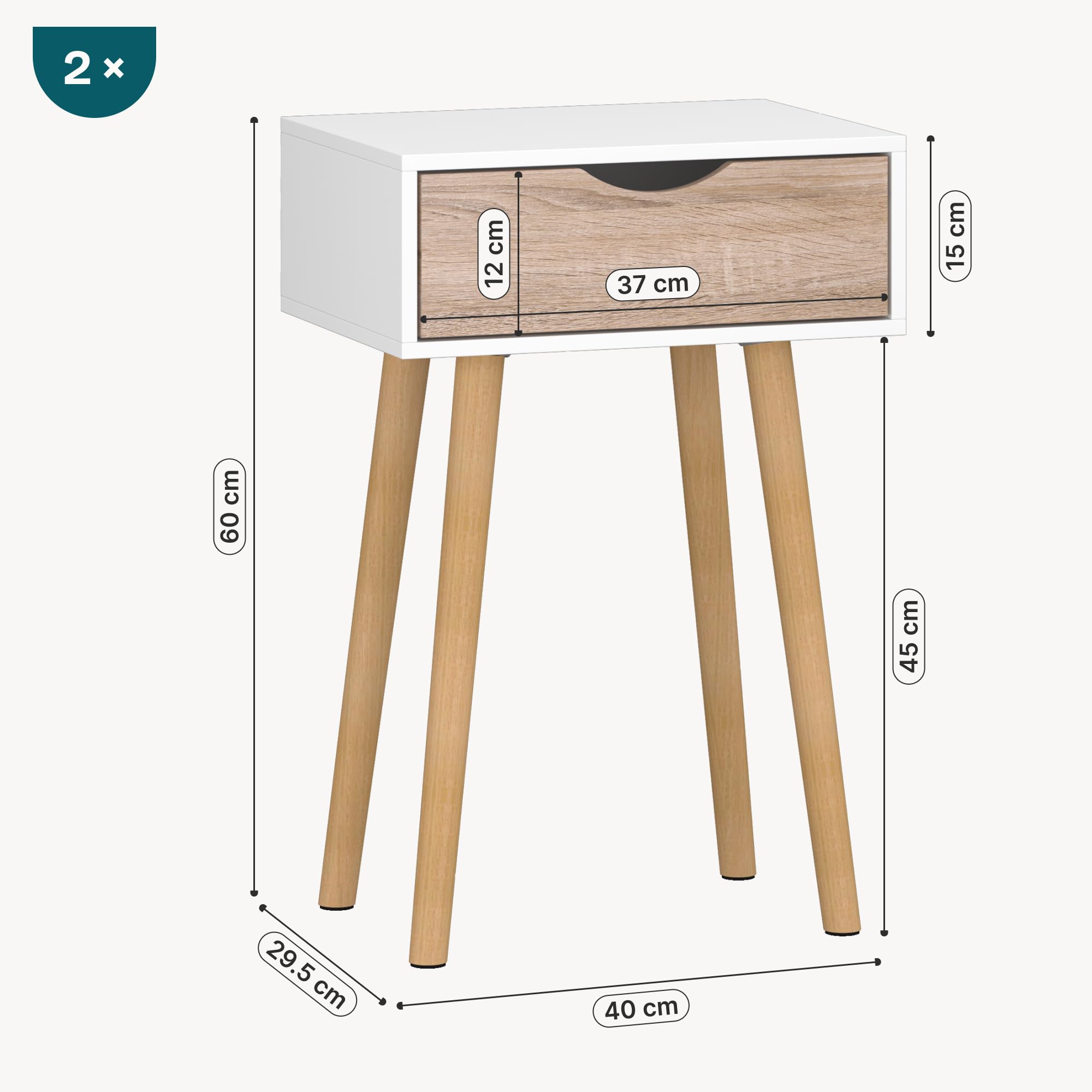 [en.casa] Set di 2 Comodini con Cassetto Tavolini Laterali per Divano Mobiletto da Notte 60 x 40 x 29,5 cm per Camera da Letto Soggiorno Corridoio Ingresso - Bianco/Effetto Rovere