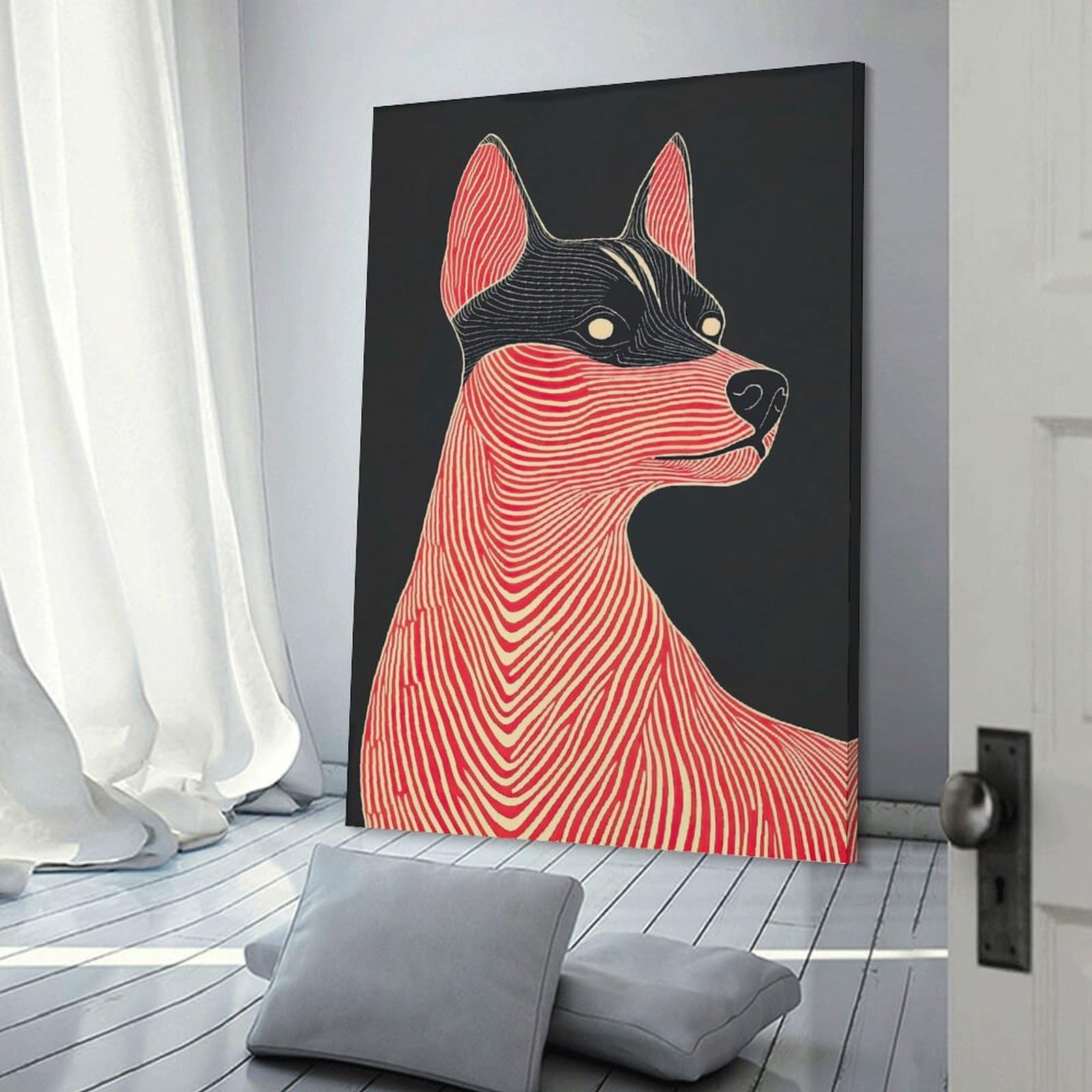 Junmoney Striped Dog Portrait Hanging Wall Art 16x24inch(40x60cm), for New Homes, Bedrooms Or Workspaces, Thoughtful Wall Decor for Art Lovers