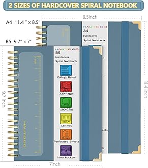 HAUTOCO Spiral Notebook Journal 8.5"x 11", College Ruled Leather Notebook with 320 Pages, 100 GSM Paper, A4 Hardcover Notebook, Lined Journaling Notebooks for Work, Office, School, Business, Airy Blue