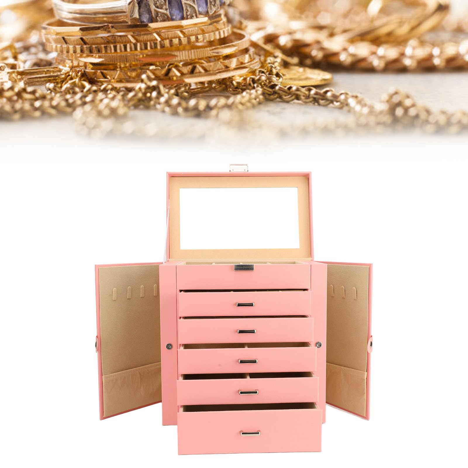 Abschließbare Schmuckschatulle mit 6 Ebenen und 5 Schubladen, Großer Schmuck-Organizer, Spiegel-Schmuckkästchen mit Fächern, Ideal für Damen, Ringe, Ohrringe, Halsketten, Armbänder und Uhren