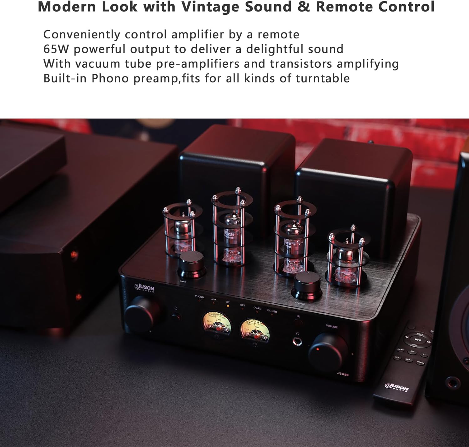 Juson Audio JTA50 2025 130W Tube Amplifier Entry-Level HiFi Amp with BT 5.0, Remote,AUX,Coax, Phono and USB in,Subwoofer Out,2.1CH for Turntable