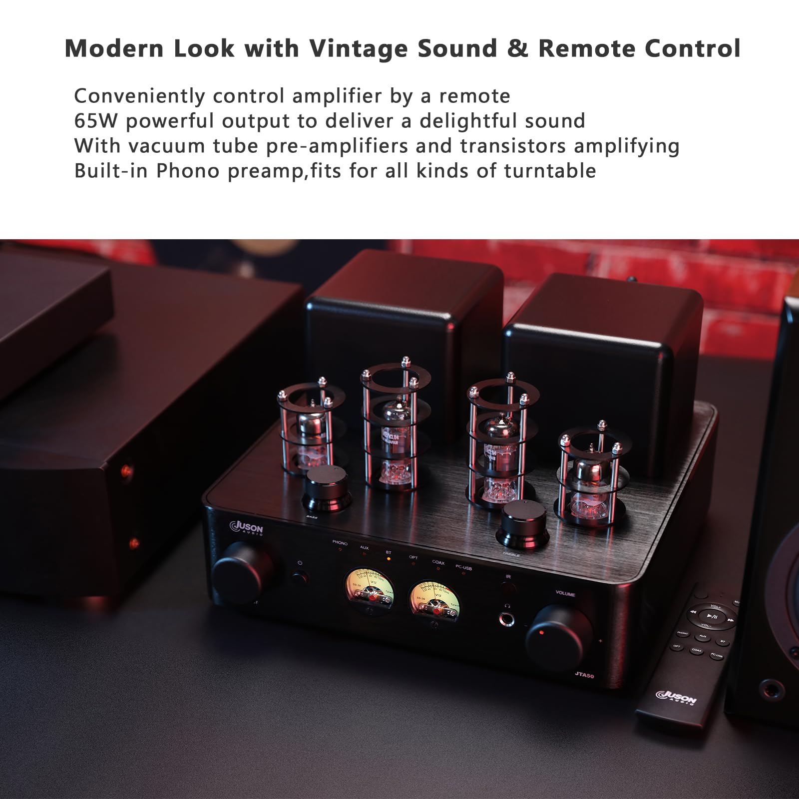 JTA50 2025 Amplificador de Tubos 130 W Hi-Fi de Gama de Entrada con BT 5.0, control remoto, AUX, coaxial, Phono y entrada USB, Salida de Subwoofer, Canal 2.1 para Tocadiscos